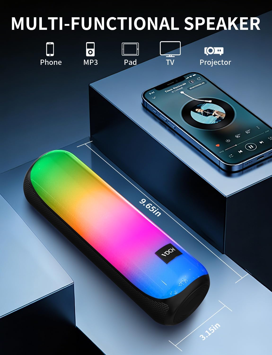 VOCH Bluetooth 5.3 Speaker with RGB Light, Portable Wireless Speaker with 20H Playtime, TWS Stereo Sound, IPX7 Waterproof, USB&TF Card Support, Loud Sound for Outdoor Camping Home Travel Party Black