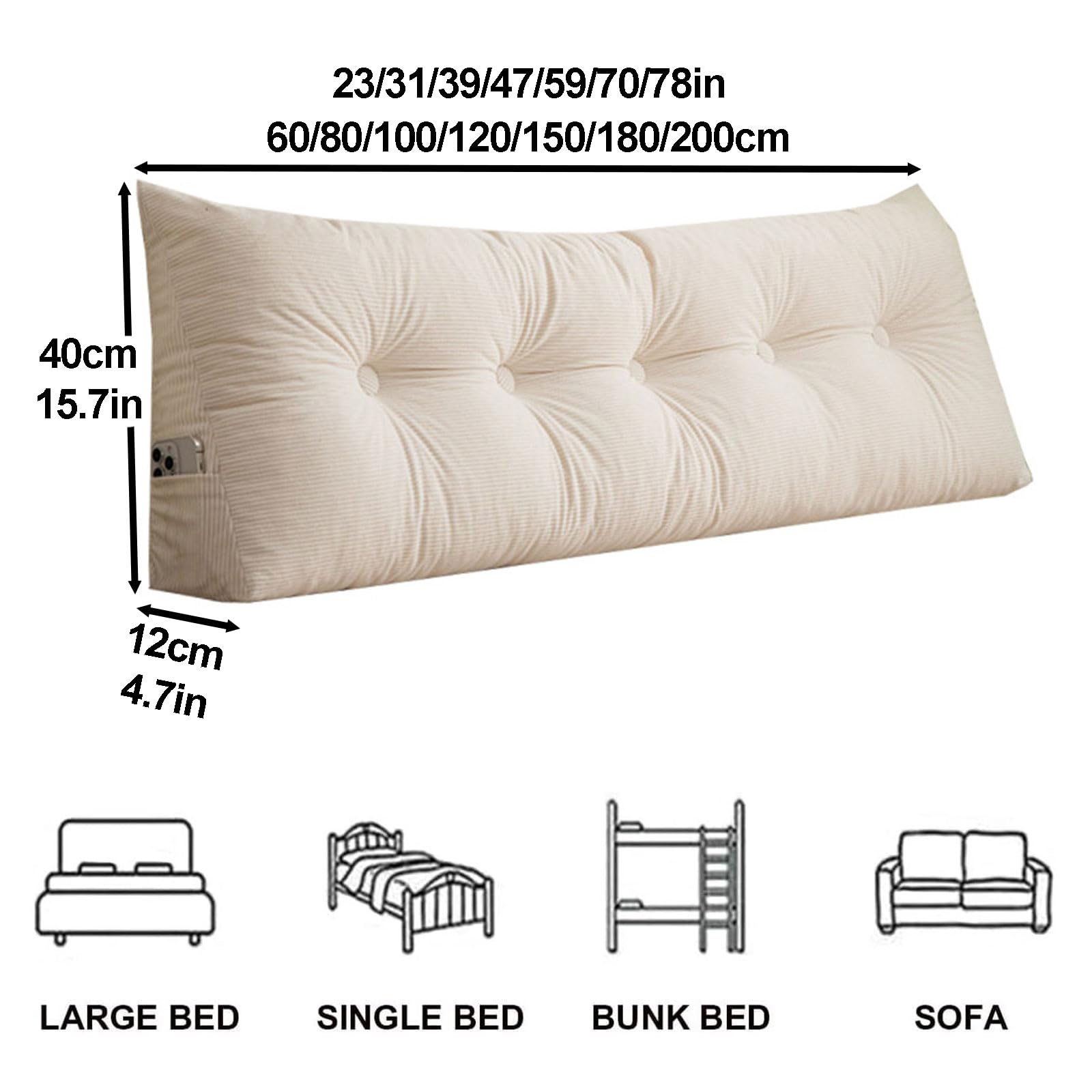 Cuscino schienale letto singolo matrimoniale, cuscino per testiera a cuneo triangolare, velluto a coste di alta qualità cuscini per lettura, supporto lombare, fodera Rimovibile(120x40x12cm,Beige)