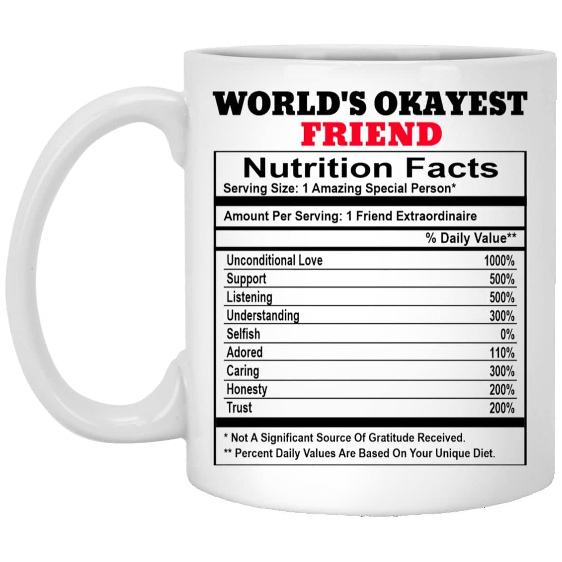 World's Okayest Friend Nutrition Facts Coffee Mug, Funny Gag Friend Gifts, Friend Coffee Mug, Graduation Birthday Christmas Gift For Friend 11oz
