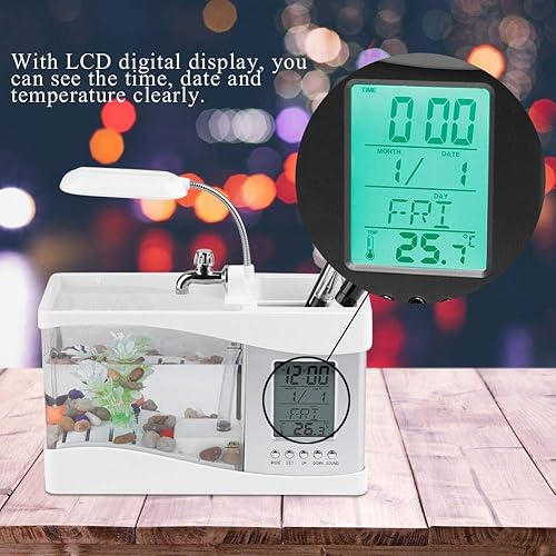 Miniatura 7 de Acuario de pecera con bomba de agua para correr, calendario, reloj, luz, soporte para bolígrafo, función de soporte para bolígrafo, recargable por