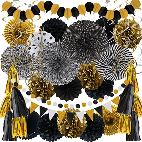 ZERODECO Decorações de festa, 41 peças de pompons pretos e dourados de Papar, coroas, borla de papel de seda para formatura, parabéns, formatura, Ano Novo, casamento, festa de aniversário