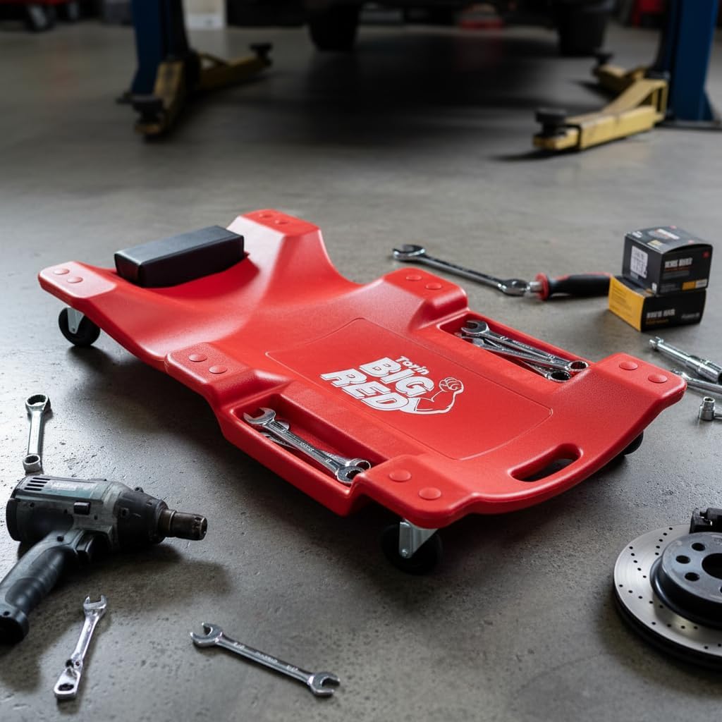 Big RED Plastic Rolling Garage/Shop Creeper: 40" Mechanic Cart with Padded Headrest, Dual Tool Trays and 6 Casters