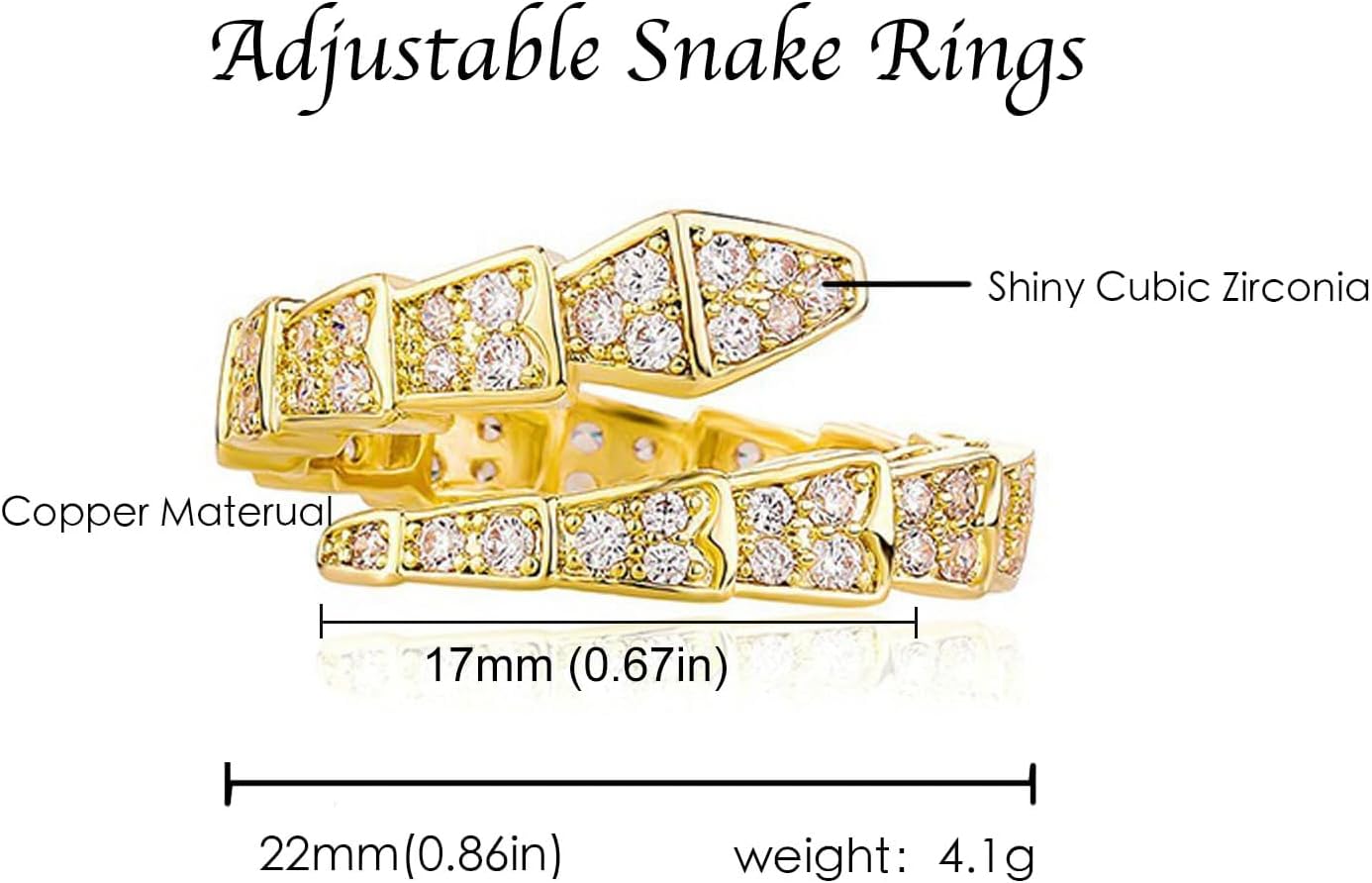 Vintage Snake Rings for Women Cubic Zirconia Spinel Diamond Open Adjustable Silver Plated Promise Statement Rings for Lady Women Birthday Anniversary Party Gold Plated