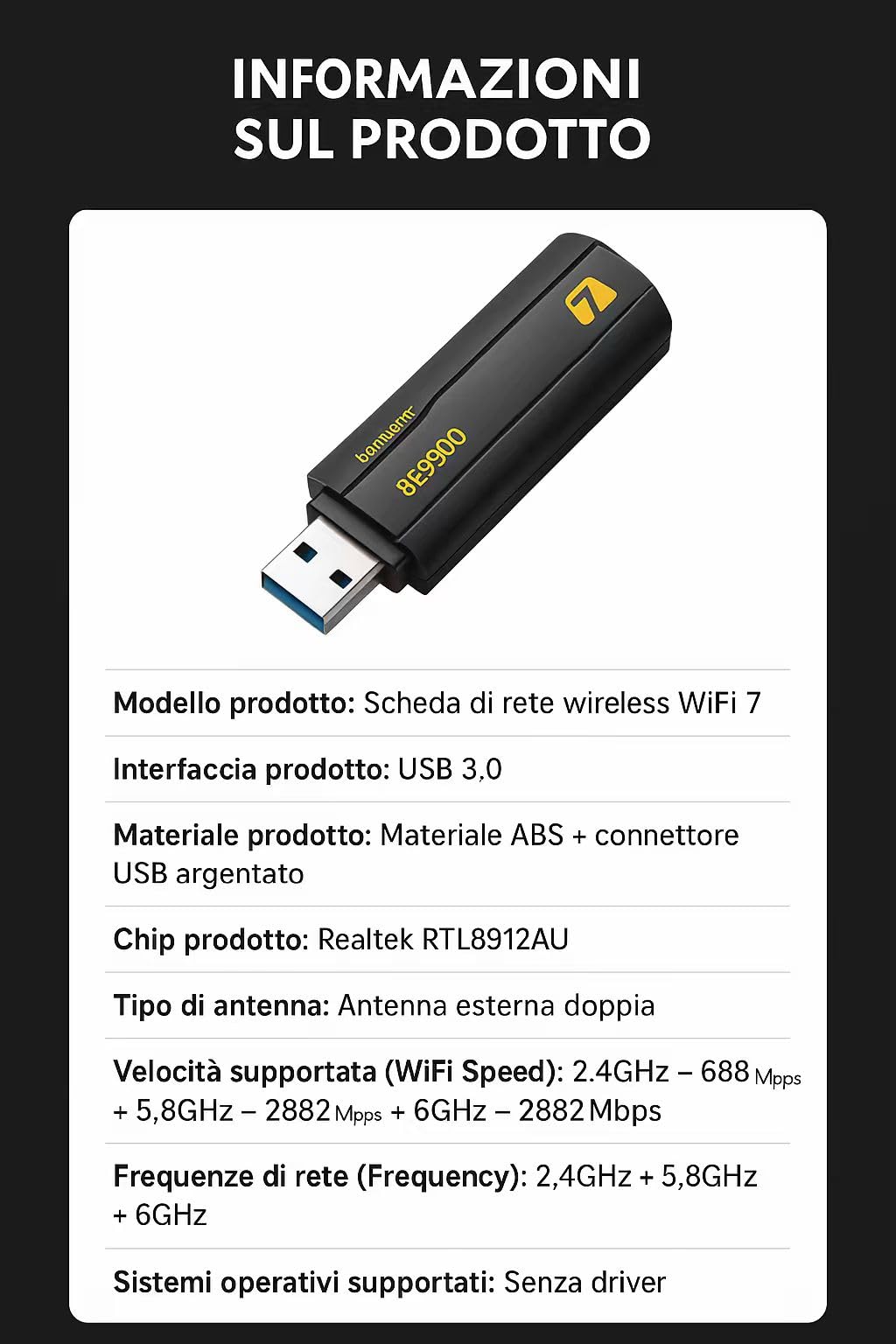 BE6500Mbps - Adaptador Wi-Fi 7 USB para PC fijo portátil, Tribanda 6 GHz + 5 GHz + 2,4 GHz tarjeta de red USB receptor, antena Wi-Fi de largo alcance para Windows 11/10