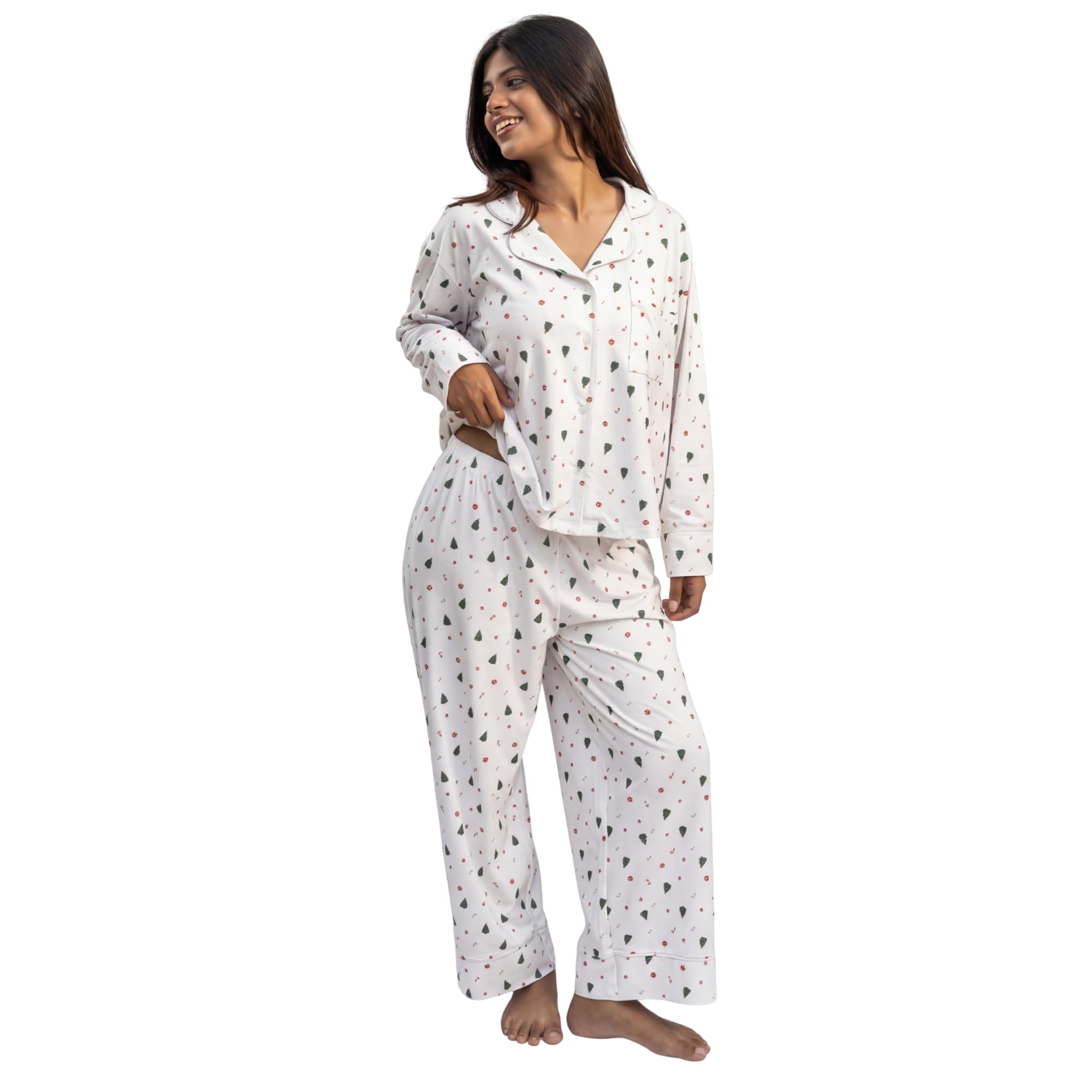 halfpeach Off-White Christmas Night Suit Set, Soft Festive Print Pajama Set for Women | Off-White, red, Green-picture-16