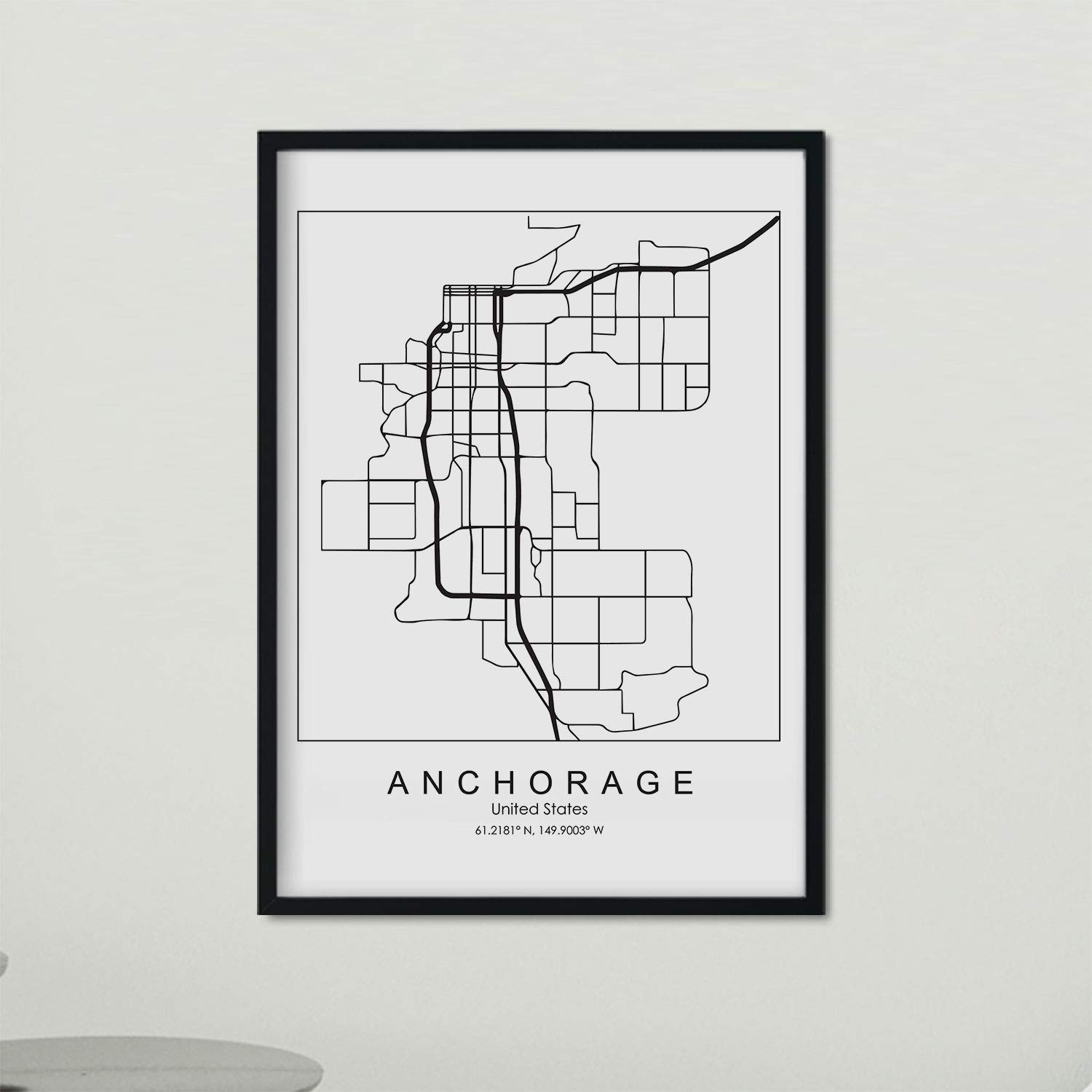 Nacnic Poster with map of Anchorage. US film with images of maps and roads of major US cities. A4 size