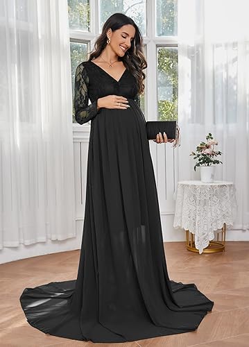 Miniatura 4 de ZIUMUDY Vestido de maternidad con cuello en V para fotografía de gasa, manga larga, con costuras de encaje, maxi vestido para baby shower