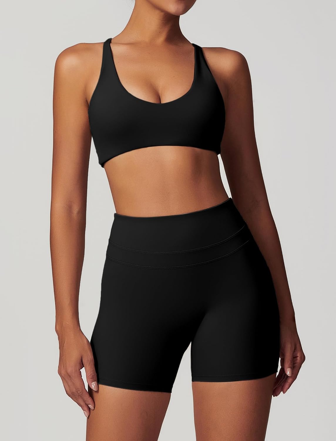 ABOCIW Workout Sets for Women 2 Piece V Neck Twist Back Sports Bra High Waist Biker Shorts Yoga Outfits - Image 2