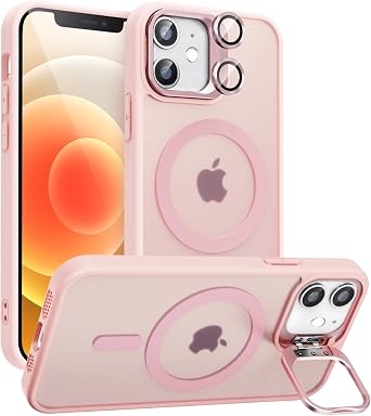Magnetic for iPhone 12 Case with Stand, Compatible with Magsafe, Military Protection & Camera Lens Protector Translucent Matte Case, Pink
