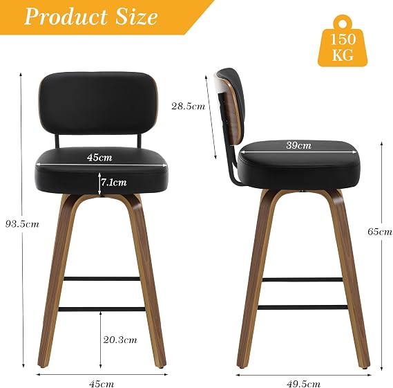 Bekrvio Swivel Bar Stools Set of 3, 65CM Upholstered Faux Leather Barstools with Back and Bent Wood Legs, Mid Century Modern Bar Chair Island Stool for Kitchen Counter, Black