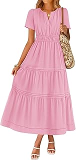 Women's Summer Casual Midi Dresses 2025 Short Sleeve V Neck Elastic Waist Elegant Boho Flowy Long Dress with Pocket - Buy now