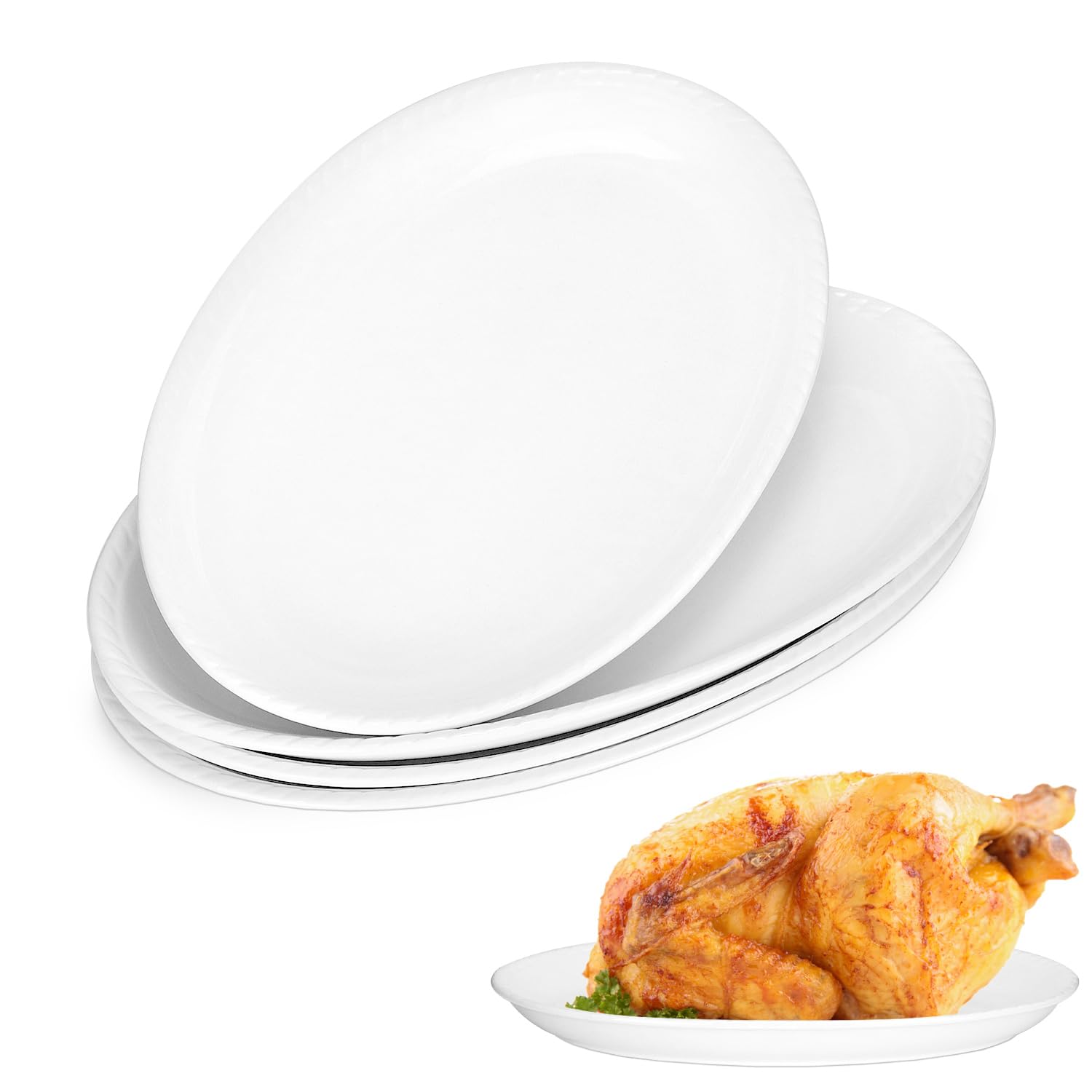 QWORK 14 Inch Ceramic Serving Platter Set of 4 - Elegant White Oval Dinner Plates Sandwich Plates for Appetizers, Desserts, Sushi - Parties & Daily Use - Serving Dishes Dinner Plates
