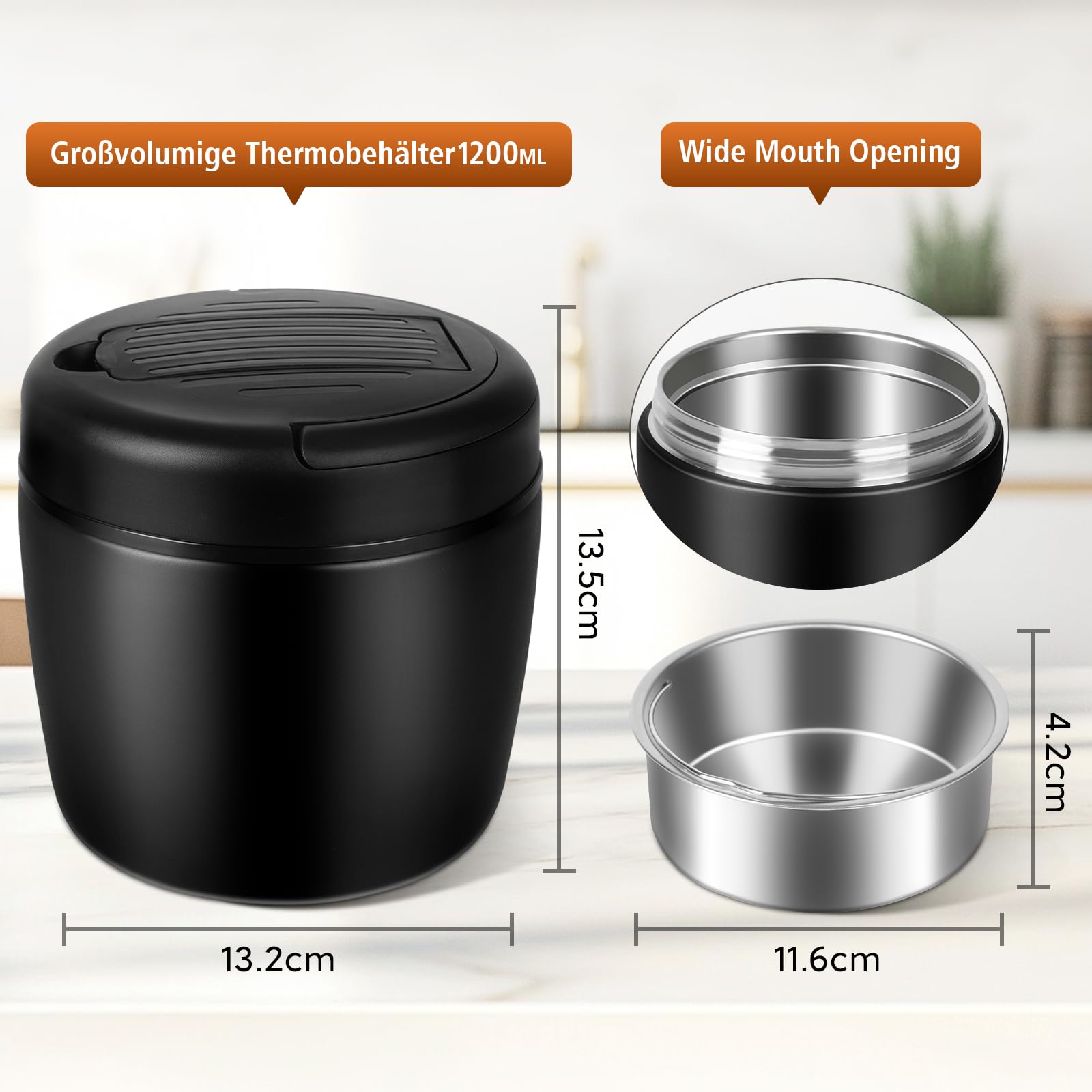 Termos per Alimenti 1200 ml, Contenitore Termico per Alimenti Caldi, Portapranzo Termico Acciaio Inossidabile con Sacchetto Isolante e Cucchiaio, Portavivande per Zuppa, Pasta (Nero)