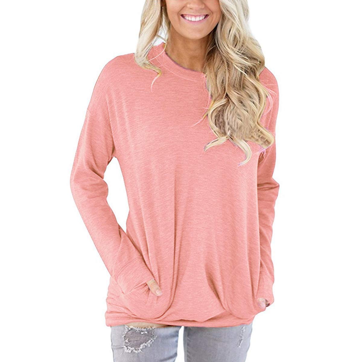 Bolivelan Women Pocket Shirt Long Sleeve Casual Round Neck Loose Pocket T-Shirt Tops Tunic