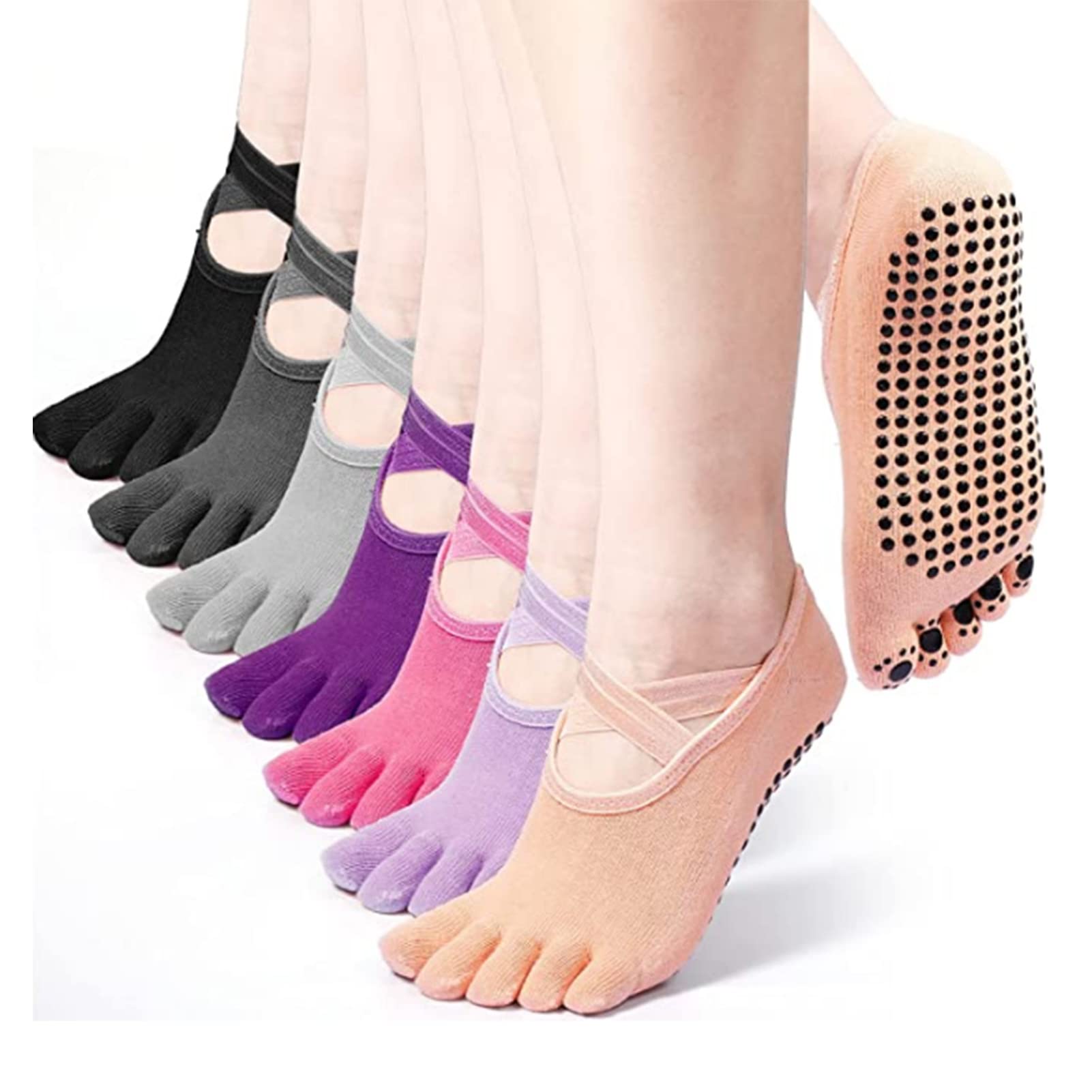 Yoga Socks, Women Yoga Full Toe Socks, Yoga Socks for Women Non Slip, Grip Non-Slip Toe Socks for Pilates Barre Yoga (7Pair)