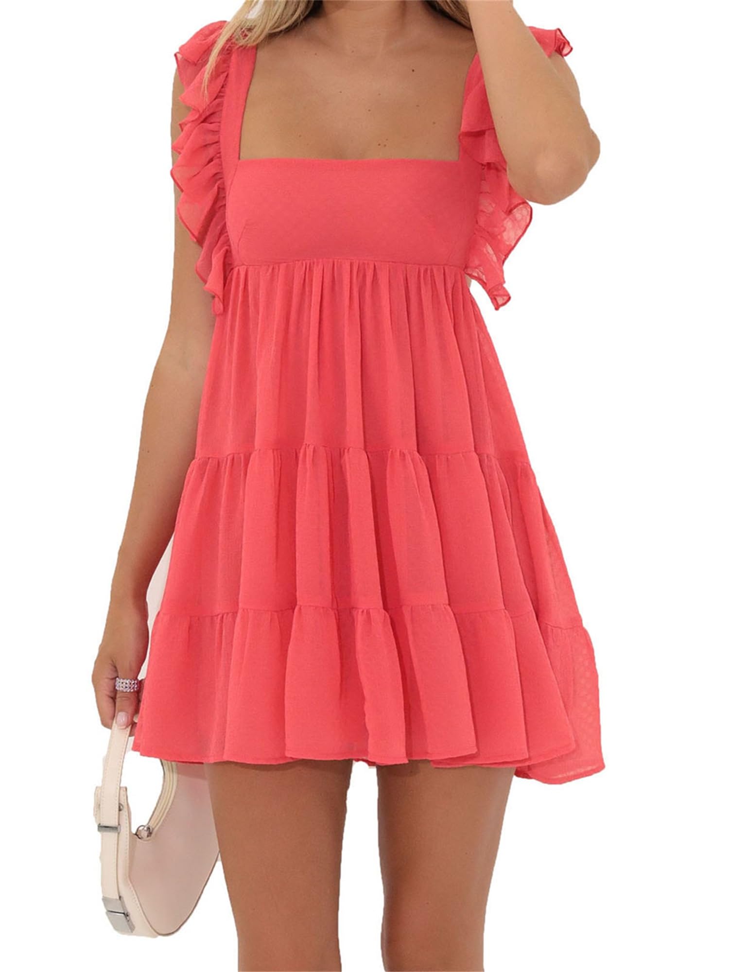 Fiacafyo Women Y2k Lace Trim Mini Dress Sleeveless Backless Bow Tie Strap Short Tank Dress Ruffle A Line Fairy Flowy Sundress (C-Red, L)