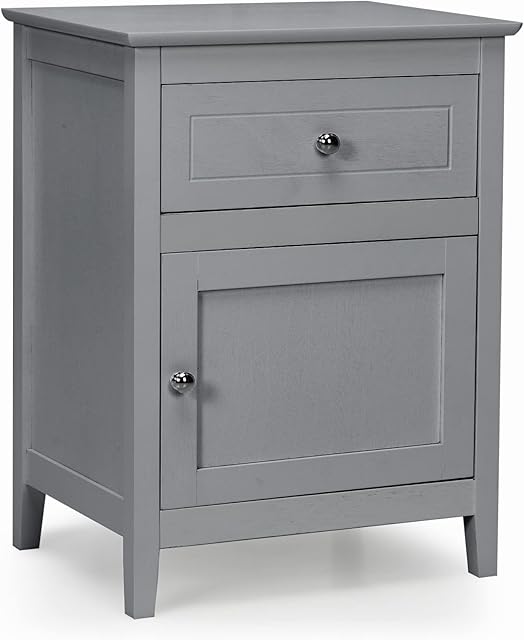 COSTWAY Bedside Table, Wooden Nightstand End Sofa Side Table with Drawer and Door Cabinet, Solid Wood Legs Modern Accent Coffee Tea Table for Living Room, Bedroom and Office (Grey)