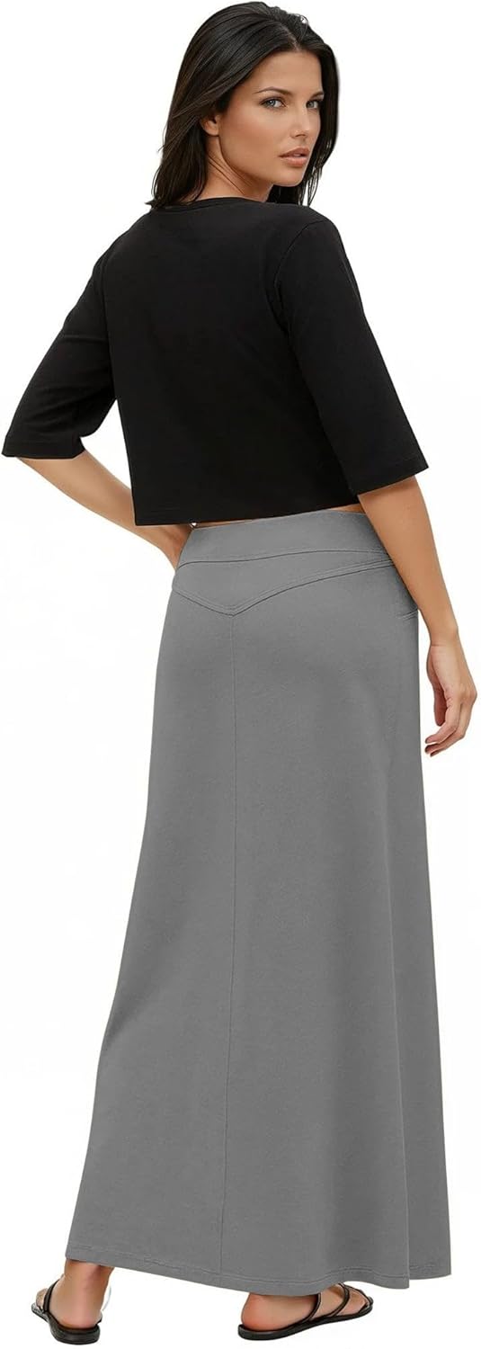 Baby'O Women's Stretch Cotton Knit Western Style A-Line Maxi Skirt with Jeans-Style Front Pockets - Image 4