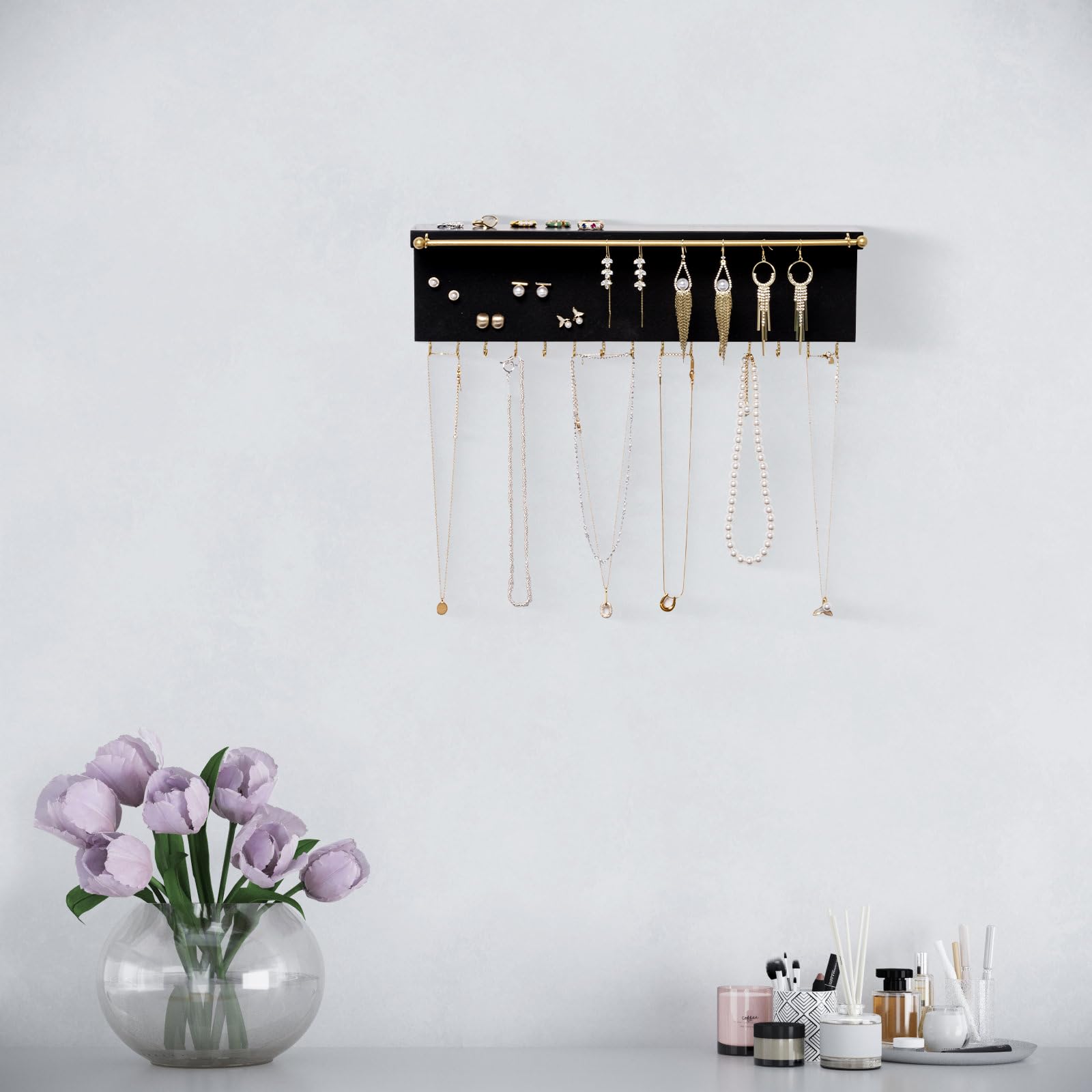 SANY DAYO HOME Wall Mount Jewelry Organizer Real Wood Jewelry Display Storage Shelf with 15 Necklace Hooks, Earring Bracelet Rod, Stud Cork Board, Black