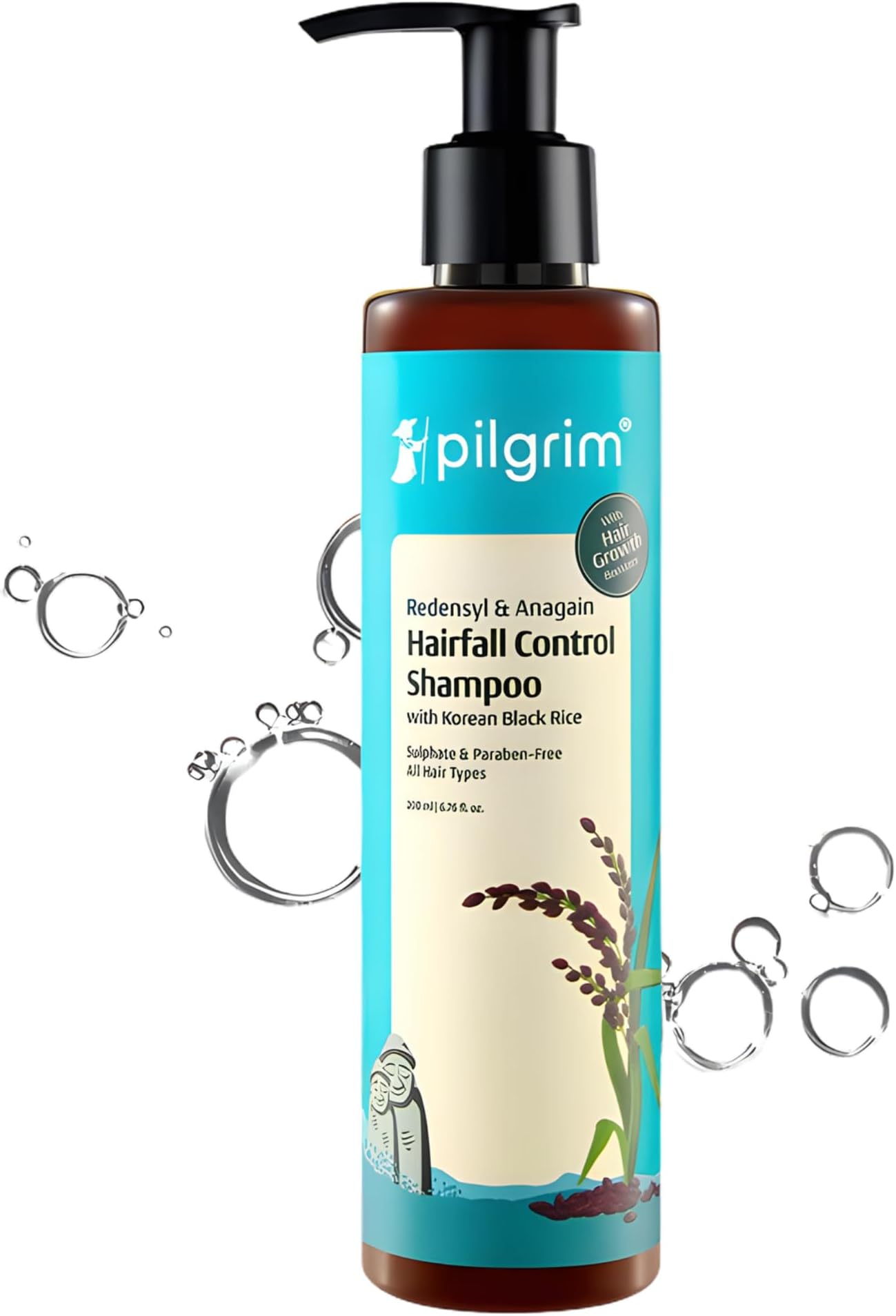 Pilgrim Redensyl & Anagain Hairfall Control Shampoo with Korean Black Rice 200ml | Anti Hairfall shampoo for Men & Women | Reduces Hairfall | Promotes Hair Thickness | For All Hair Types
