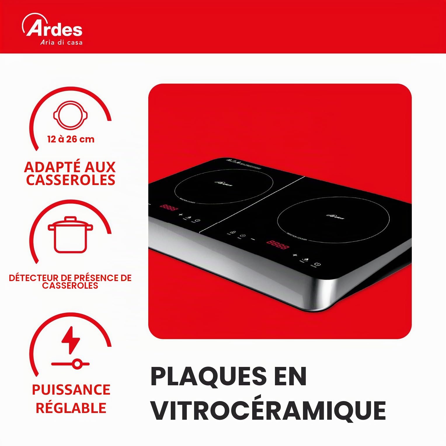 ARDES - Cuisinière électrique avec 2 plaques à induction Différentes puissances 2000 et 1500 Watts Affichage numérique Température jusqu'à 240 degrés Modèle AR1F602 Couleur Noir