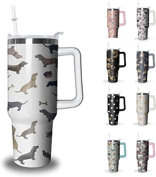 Dachshund Tumbler with Handle and Straw,40 oz Dog Stainless Steel Insulated Cup with Lid and Straw,Travel Coffee Mug Water Bottle, Birthday Christmas Mothers Day Gifts for Animal Lovers Women