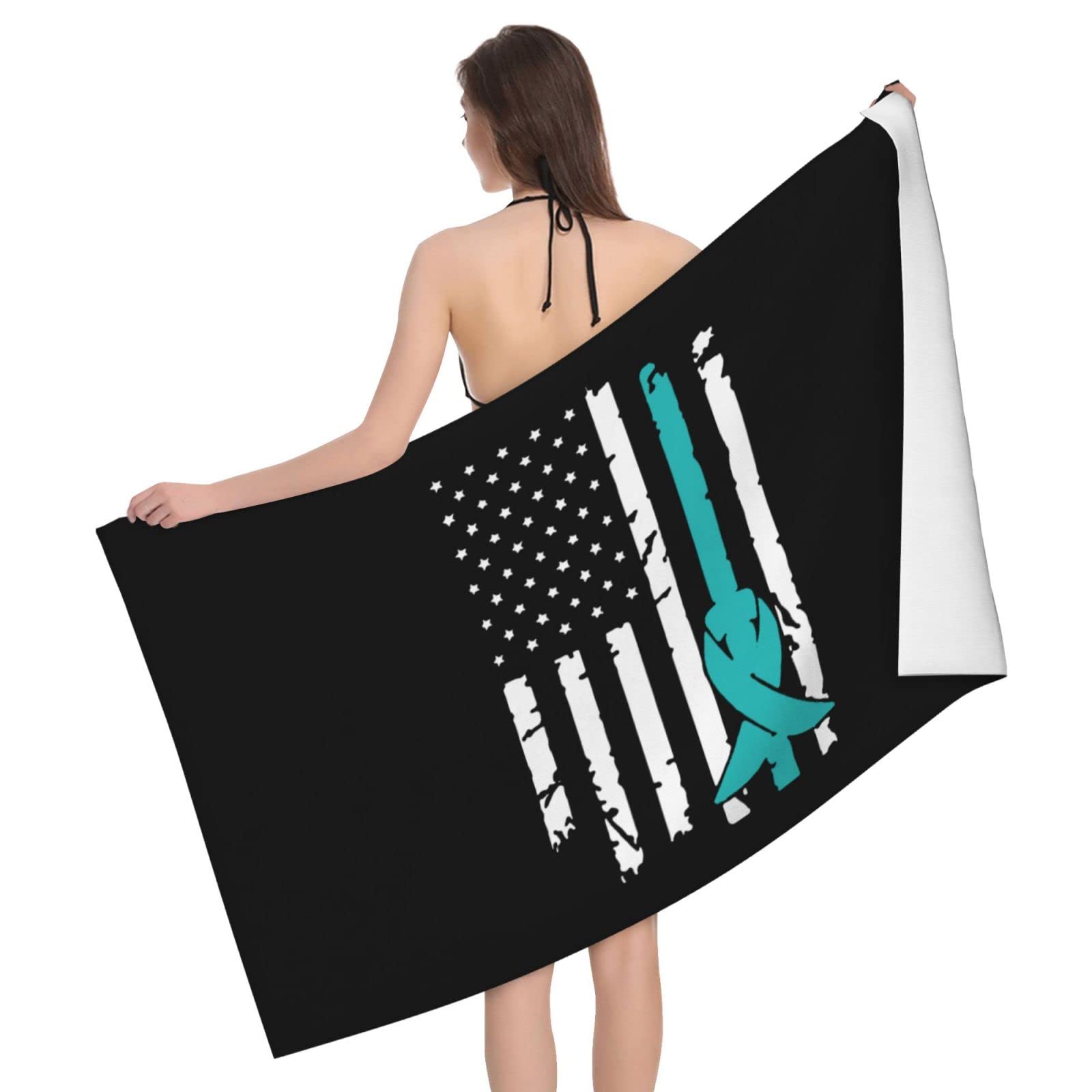 Lsjuee PCOS Cancer Awareness USA Flag Microfiber Bath Towel Absorb Water Quick Dry Bath Towel, for Beach, Swimming Pool, Camping