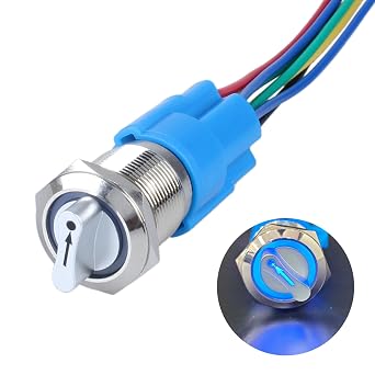 22mm Metal Selector Switch Latching Rotary Switch 3 Positions 2NO 2NC 12-24VDC ON-Off-ON for 7/8" Mounting Hole Waterproof with Pre-Wired Socket Blue LED