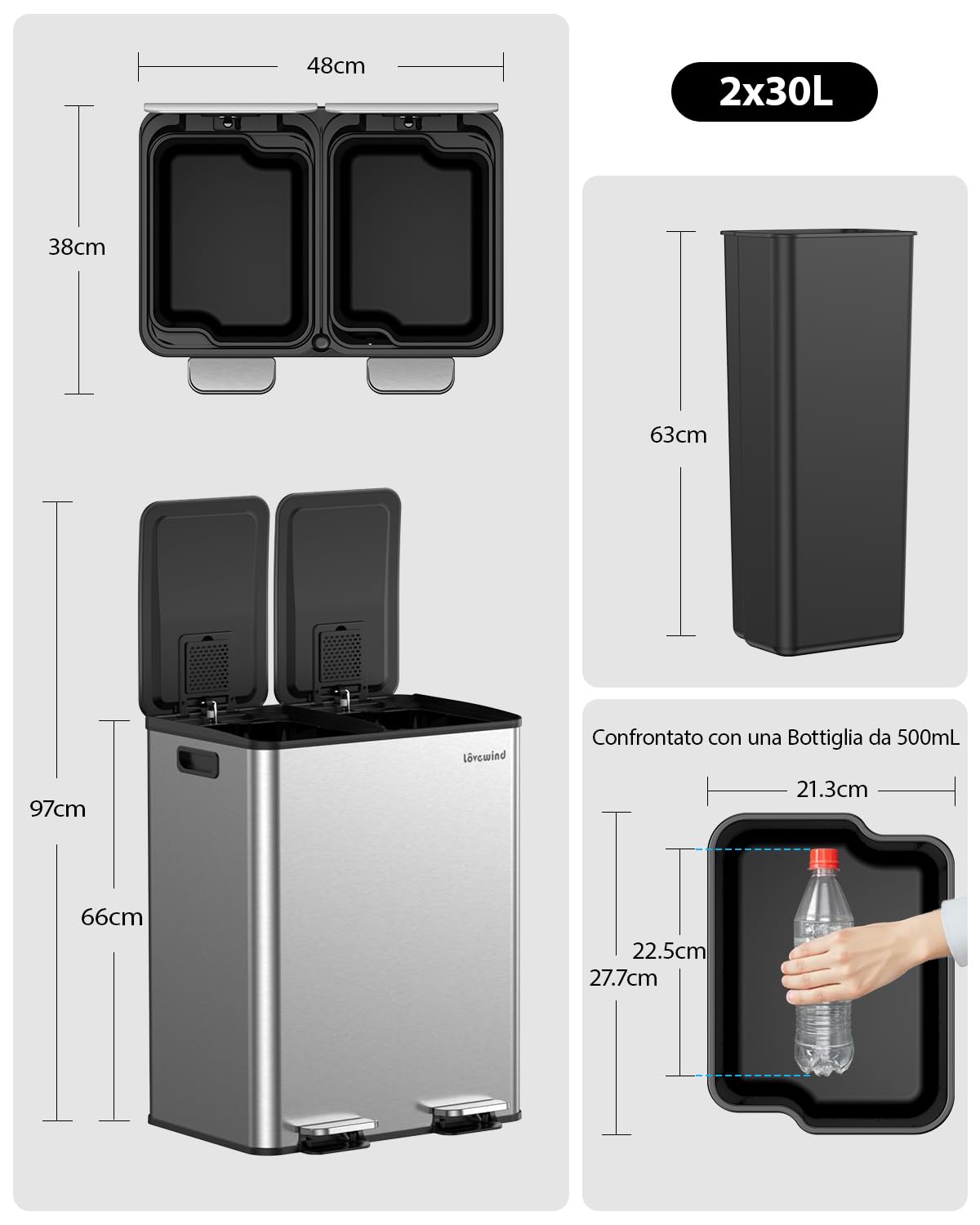 Pattumiera Cucina Pattumiera a 2 Scomparti con 2 X 30 L Secchi Interni, Cestino a Pedale In Acciaio,Chiusura Morbida e Resta Aperto, Chiusura Silenziosa Ammortizzata,Senza Mani per Casa Cucina Ufficio