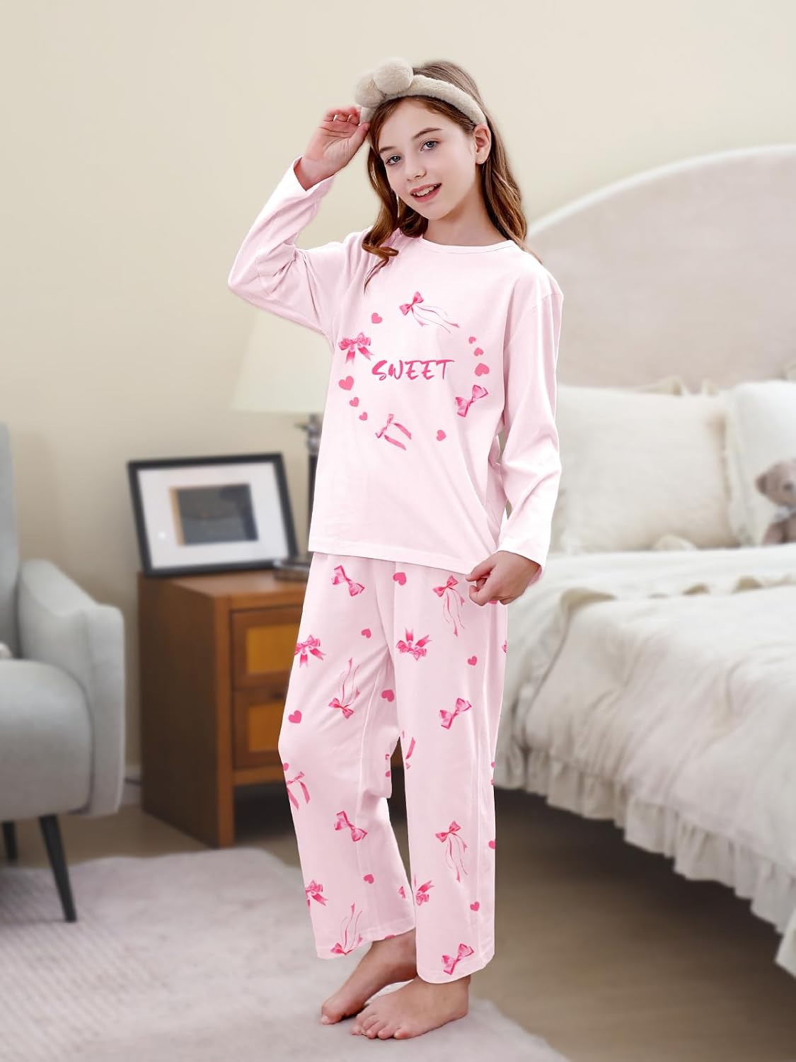 Umeyda Pajamas for Girls 100% Cotton, Long Sleeve and Pants 2PCS Soft Fit Pajama Set PJs, Pink Bowknot, 9-10 Years = Tag 150 - Image 3