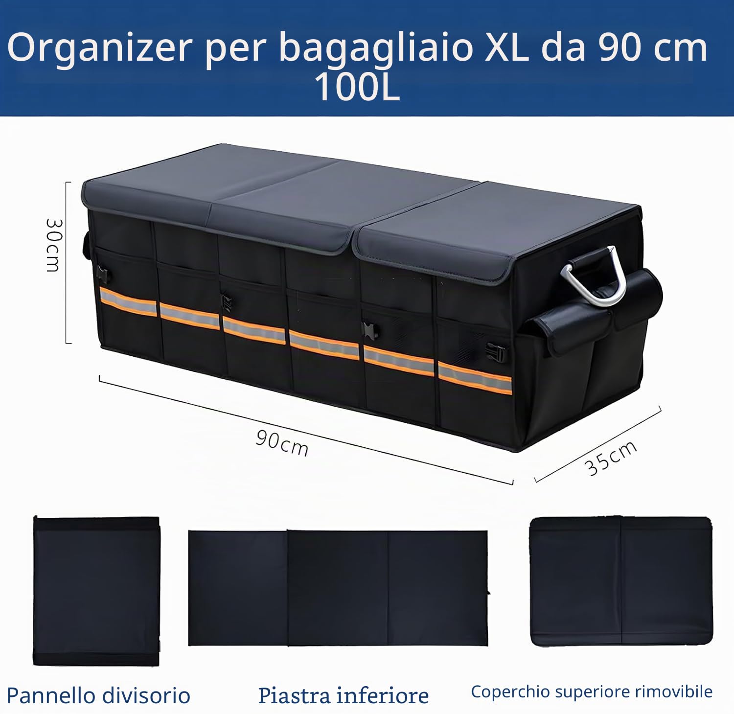 Organizer per bagagliaio XXL, pieghevole, 90 cm, grande con manici in alluminio rinforzati, fondo antiscivolo e tasche multiple, per auto, SUV e camion