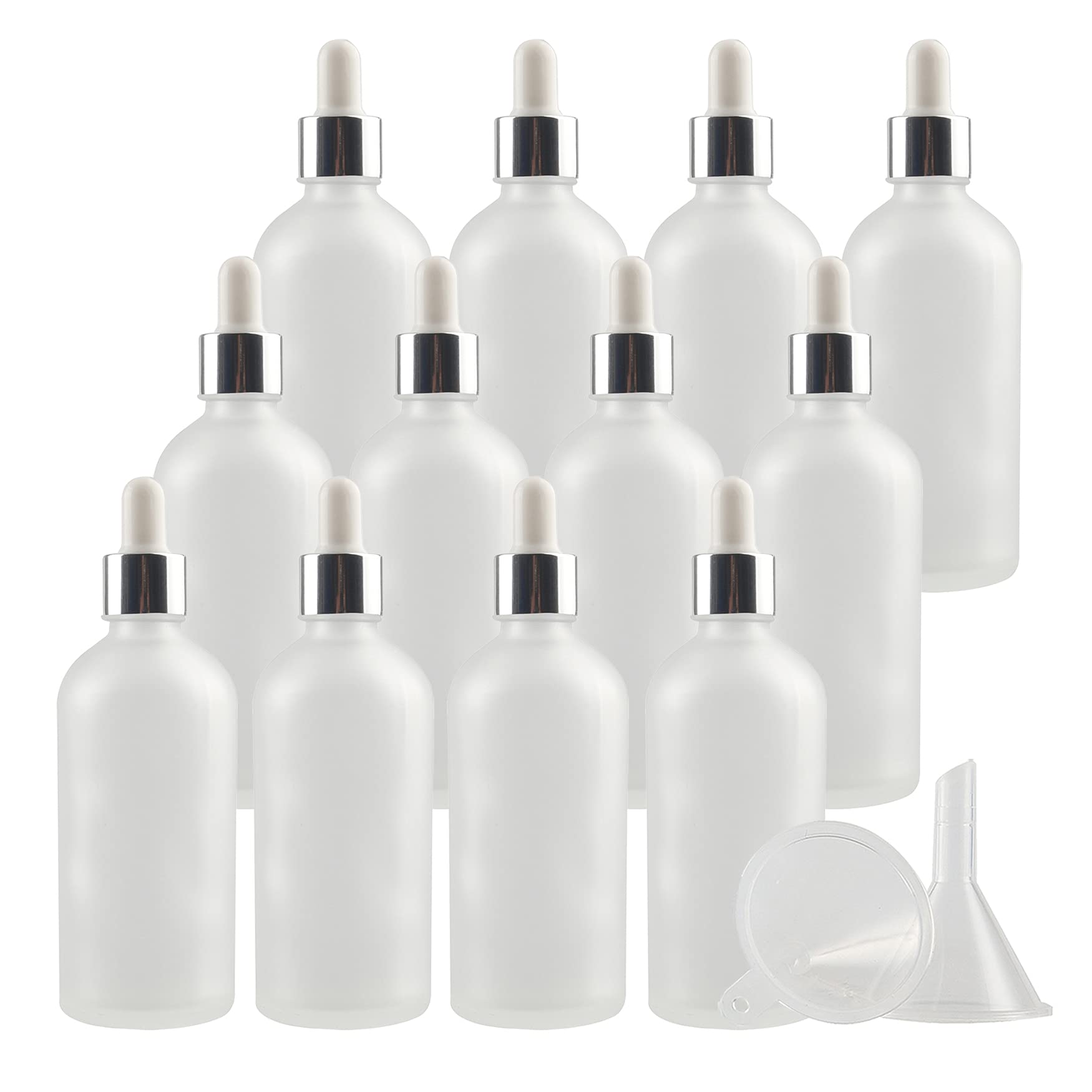 24 Stück 100 ml Leere Matt Transparent glasflasche Tropfflasche Pipettenflaschen mit Glaspipette, 100ml Glasflasche mit Tropfpipette mit Silber Schraubverschluss für ätherische Öle, Parfüm Öle