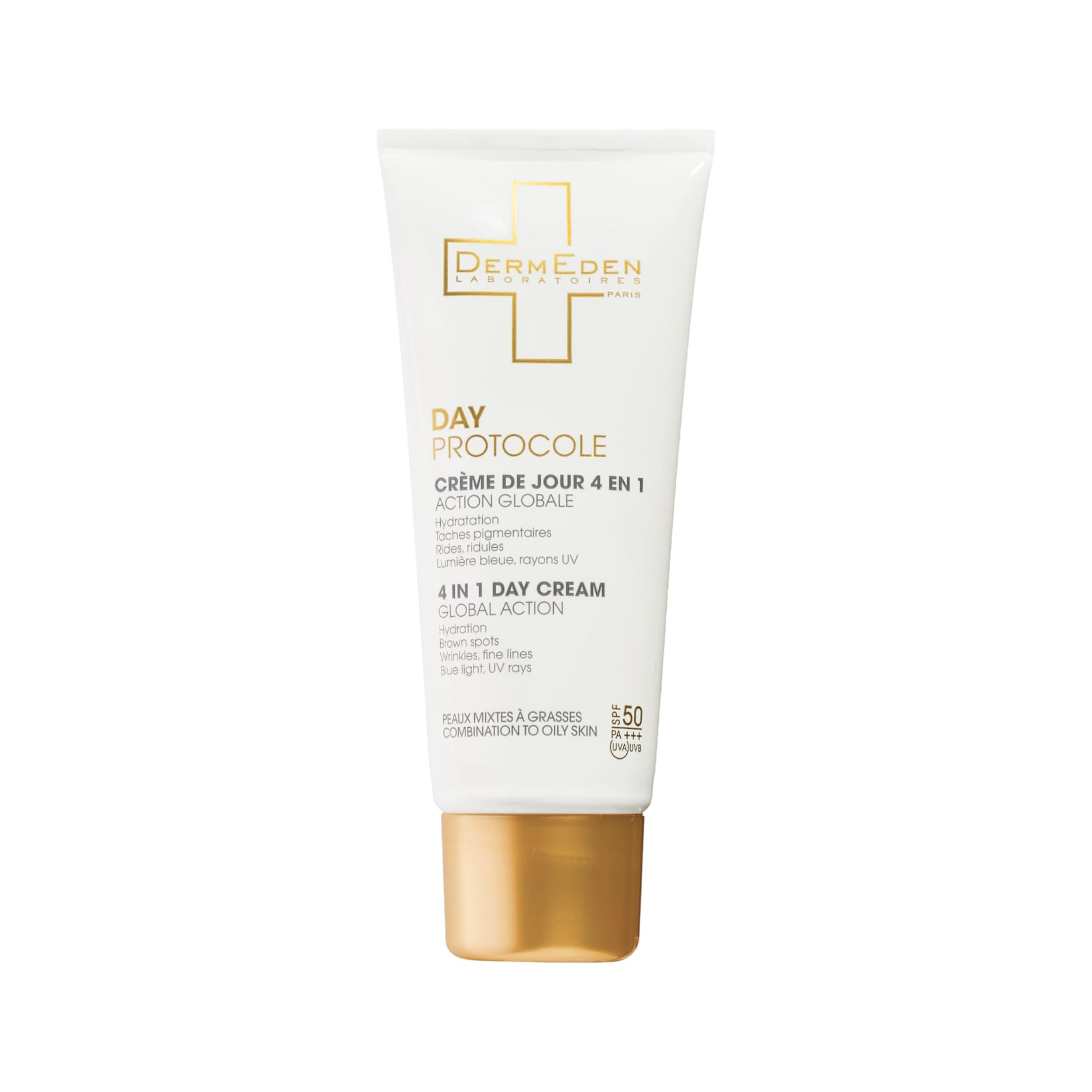 DermEden - Crema da giorno 50 ml per pelli da miste a grasse SPF 50-4 azioni in 1 - Protezione completa contro gli effetti nocivi della luce - Anti-macchie e anti-infiammatorio - Prodotto in Francia