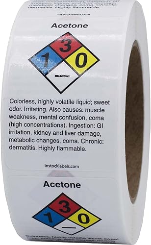 Etiquetas de acetona química NFPA, rectángulo de 2 x 3 pulgadas, 500 etiquetas en total por rollo