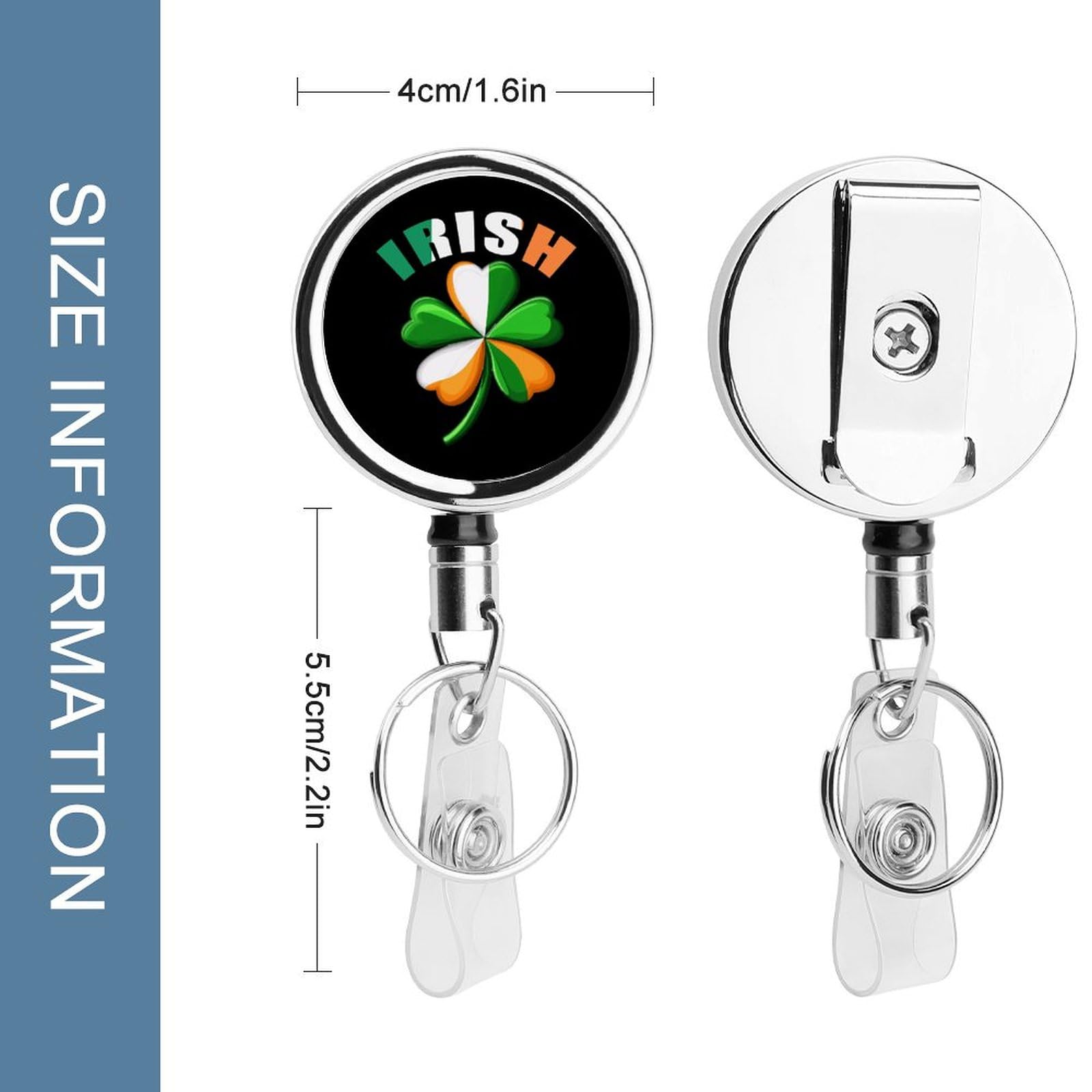 Irish Shamrock St Patricks Day Retractable Badge Holder Metal ID Name Holder Key Ring with Belt Clip