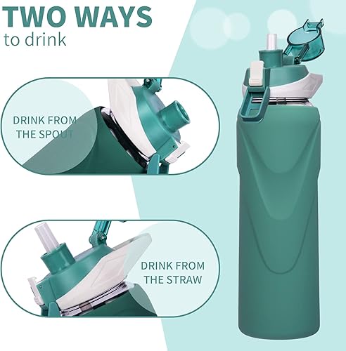 Miniatura 4 de Botella de agua deportiva de vidrio de 32 onzas con popote y funda de silicona, reutilizable, sin BPA, con tapa superior abatible y asa, boca ancha