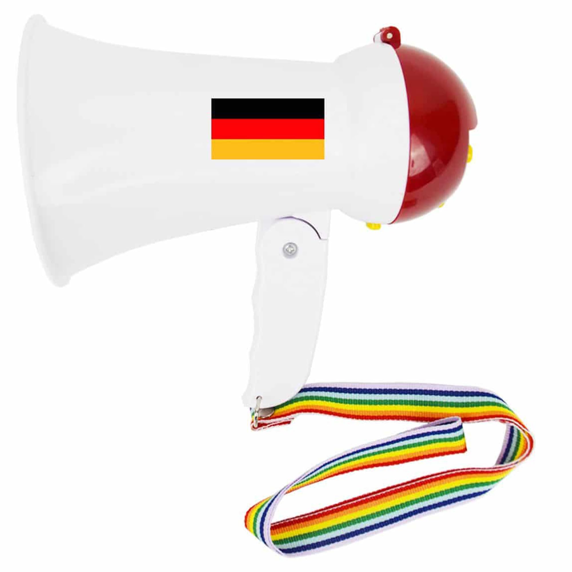 Sonia Originelli Megafon Fan Tröte mit Lautsprecher - Megaphon zum Anfeuern mit Schlaufe für das Handgelenk & Ländersticker WM Fußball