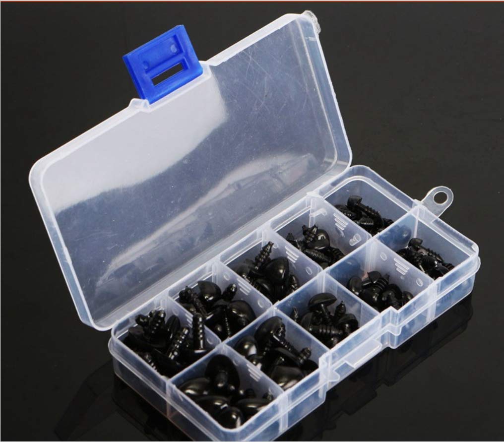 MY'S 100 Pcs Assorted Sizes Black Eyes in Box Plastic Round Head Safety Eye with Washers Decorative Half Ball Buttons with Box for Teddy Bear Animal Plush Doll Puppet Toy Crafts