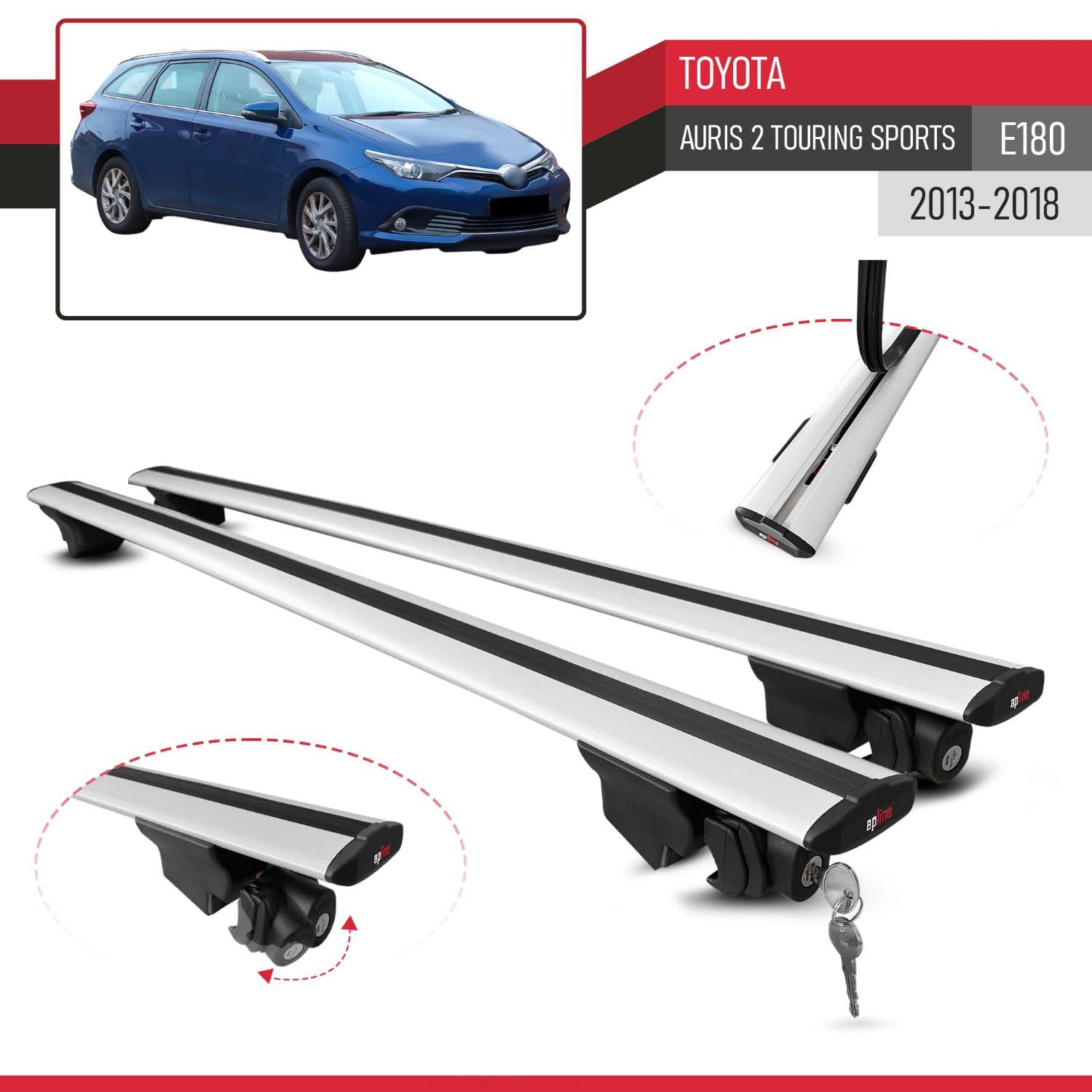 Compatible con Toyota Auris 2 (E180) Touring Sports 2013-2018 Hook Model Barras de Techo Auto Portaequipajes Barras Transversales Gris Aluminio 2 Barras