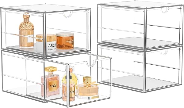 4 Pack Stackable Storage Drawers, Acrylic Cosmetic Drawer, Clear Desk Accessories, Latest Model Dustproof Drawer Storage for Dresser, Bathroom - 1
