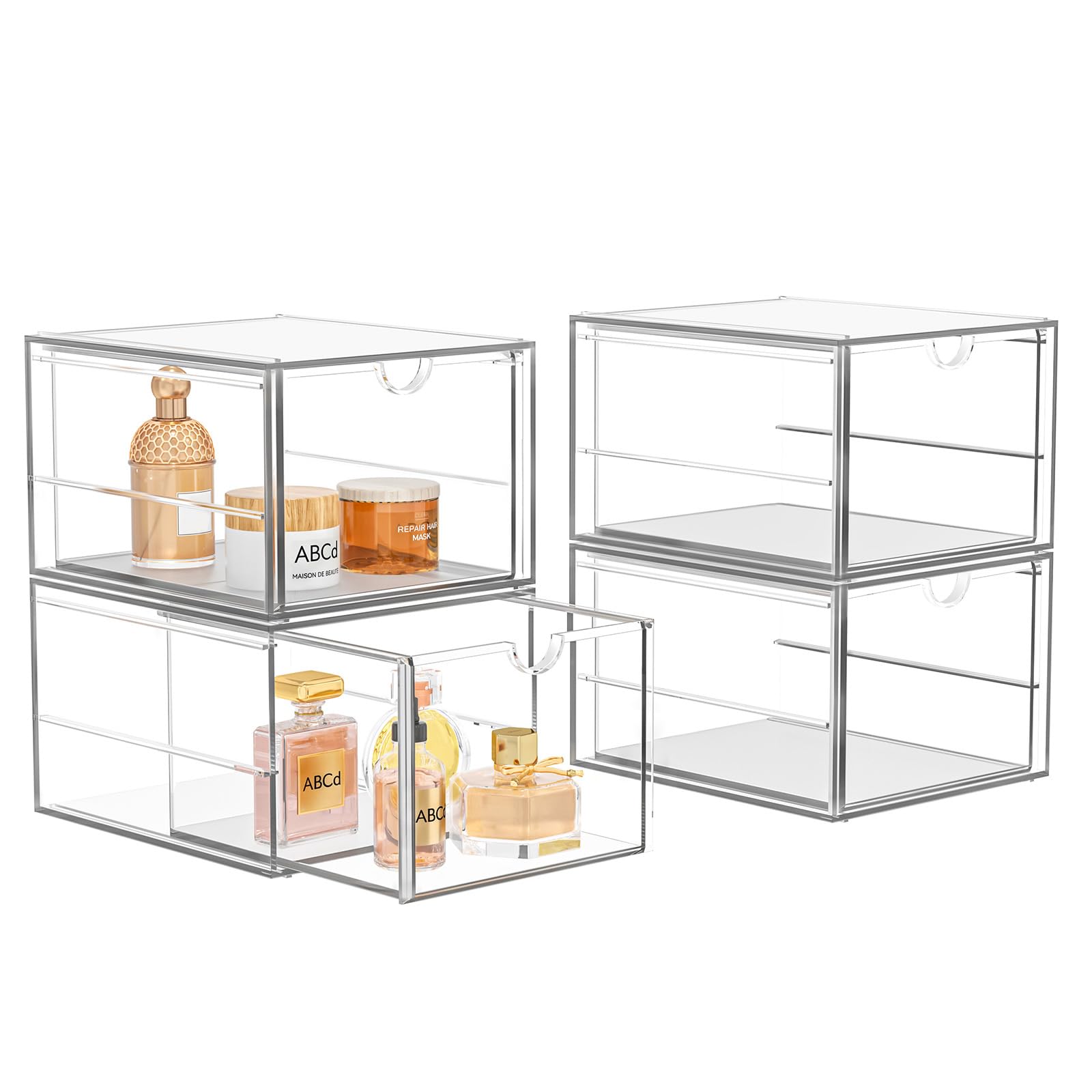 4 Pack Stackable Storage Drawers, Acrylic Cosmetic Drawer, Clear Desk Accesso...