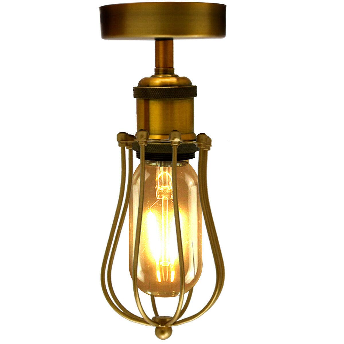 Ledsone Yellow Brass Industrial Vintage Ceiling Light Retro Flush Mount Cage Ceiling Light Wire Cage Lampshade Easy Fit Ceiling Lamp For Dining Room Bar Clubs & Restaurants (Yellow Brass)