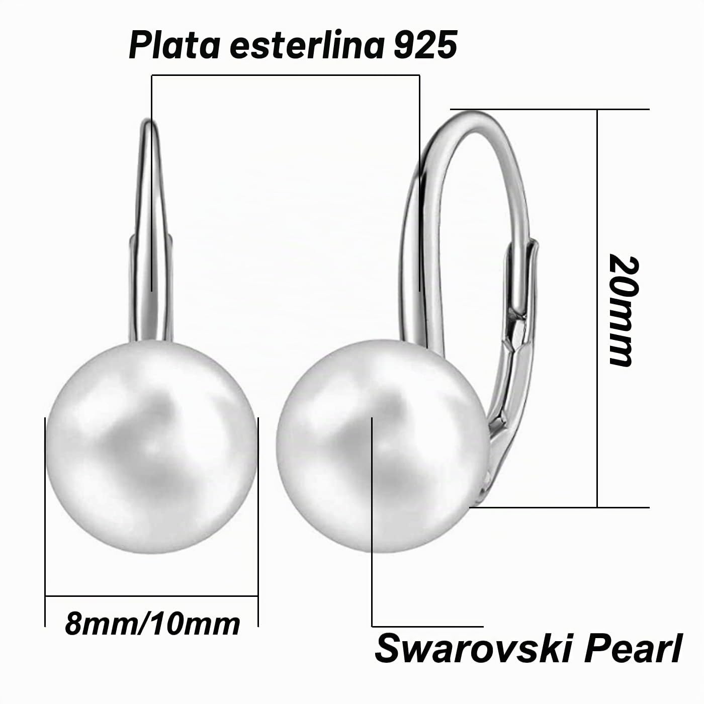 Oro Blanco 18K Plateó Pendientes de Aro Huggie Perla para Mujer Pendientes Plata de ley 925 Pendiente Colgantes Mujers Hipoalergénicas Joyería