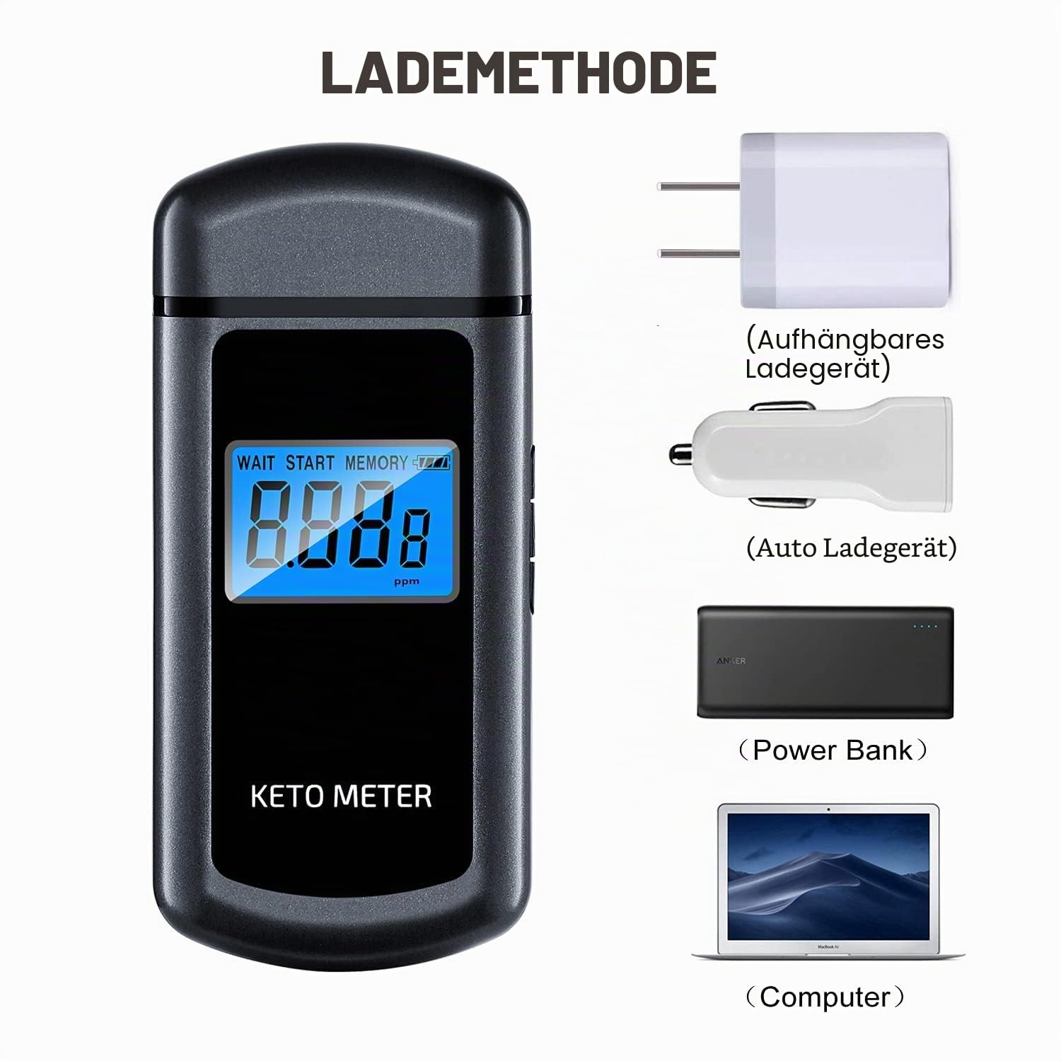 Ketone-Atemmessgerät Professionelles Ketone-Atemmessgerät Tragbares Ketose-Atemmessgerät USB-aufladbares Ketone-Atemmessgerät mit 10 austauschbaren Mundstücken für Ketosetests (Schwarz)