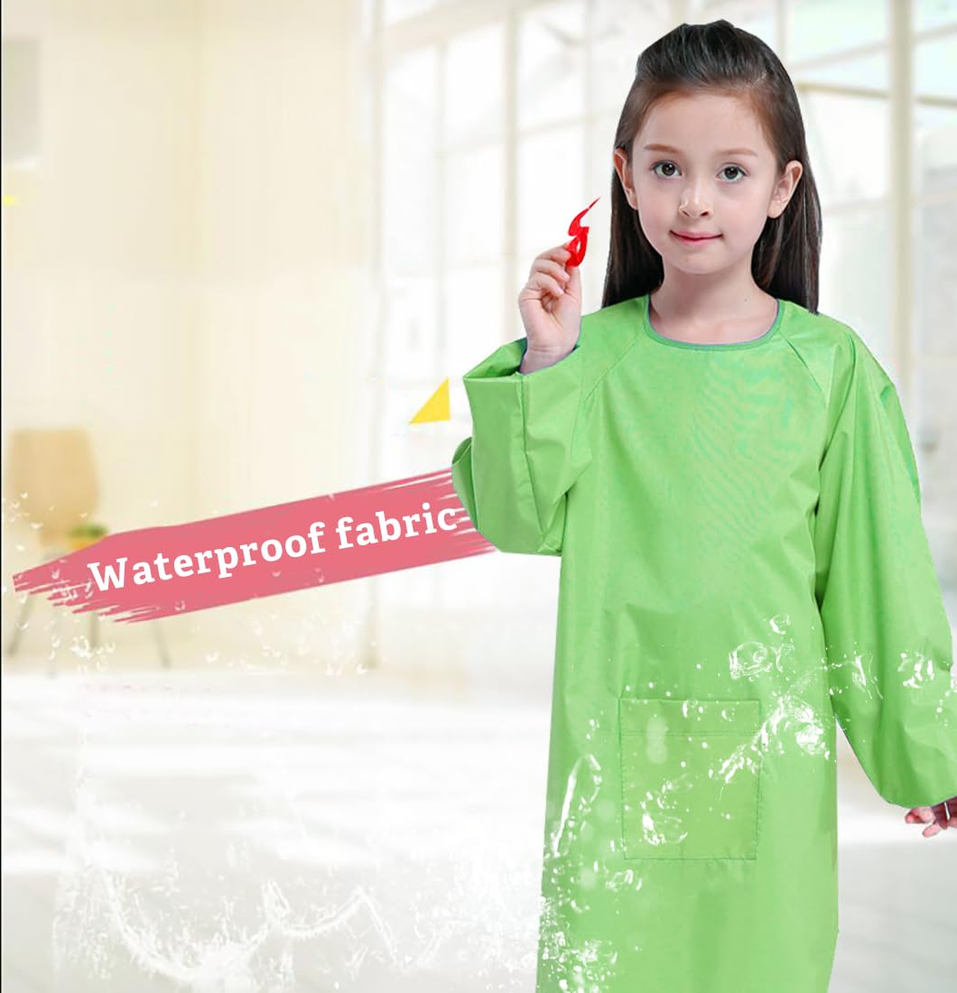 Yiqeenho Kids Art Smock Waterproof Painting Apron Artist Smocks for Children Long Sleeve Smock with Pocket Green 2XL Fit Height 115-130CM - Image 2