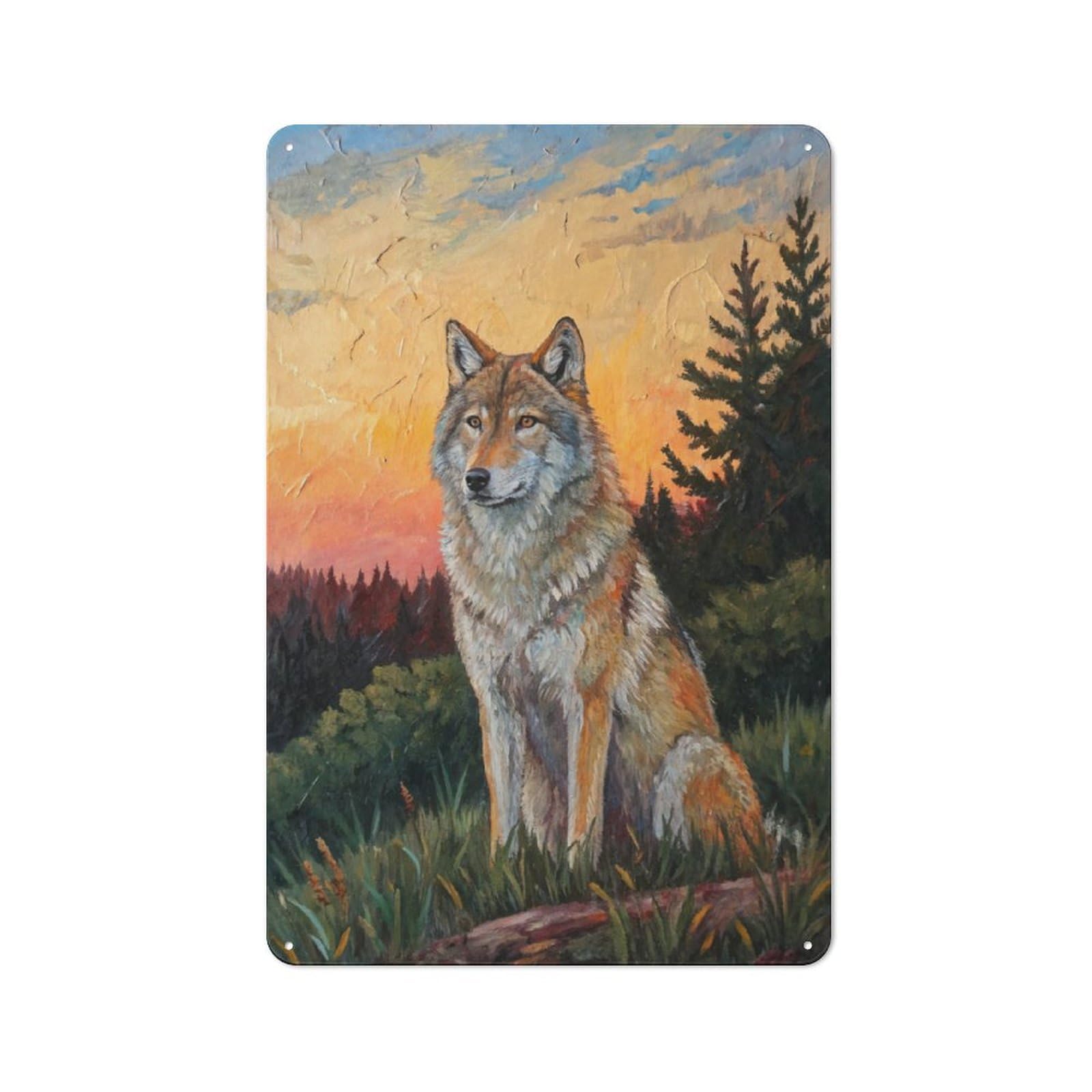 Workshop Style Garage Metal Sign 30x20cm Featuring Wolf at Sunset, Industrial Wall Art for Workshop, Basement, Shed Or Games Room