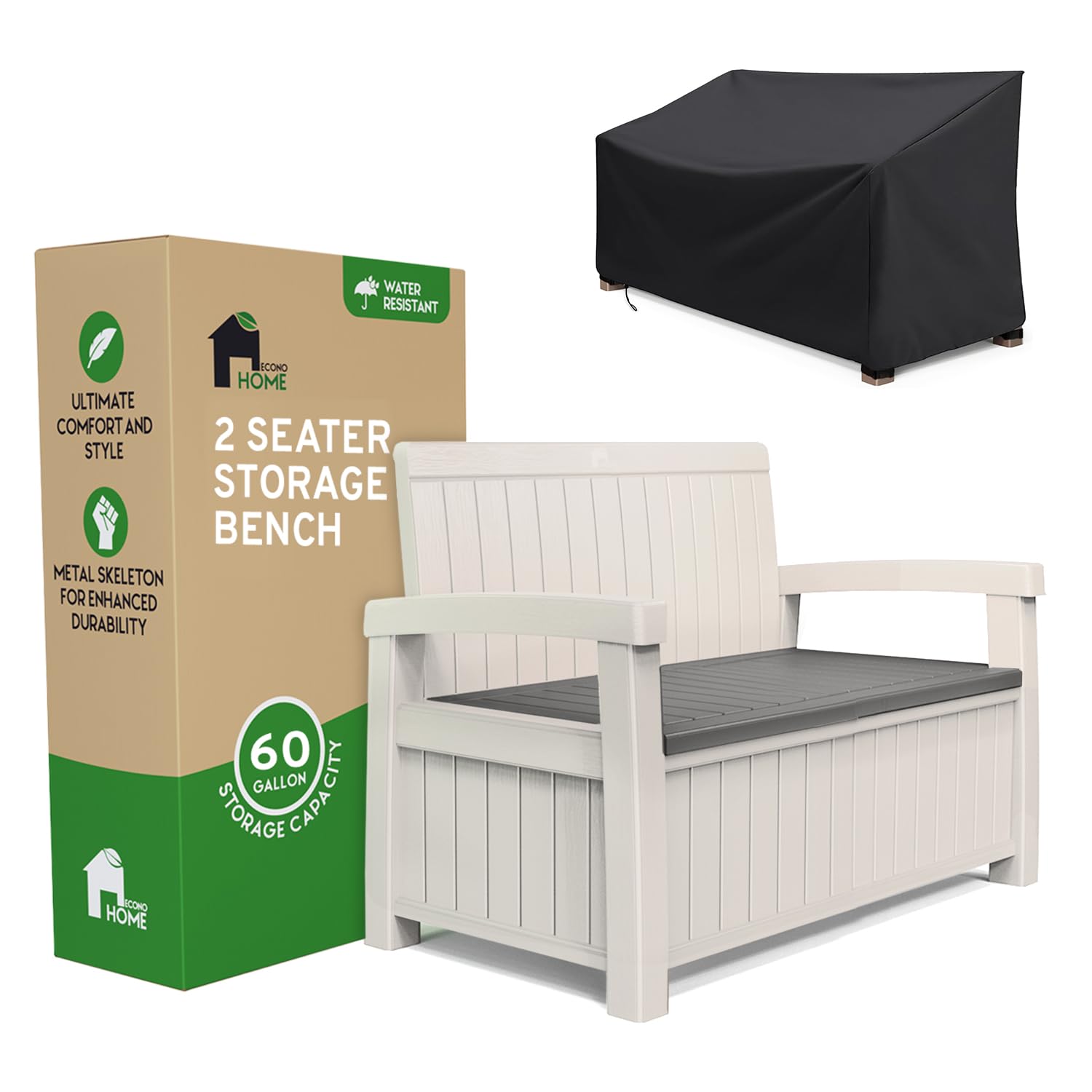 EconoHome 2 Seat Outdoor Storage Bench with Rain Cover - 60 Gallon Capacity - Weatherproof Resin Bench for Patio, Porch, Garden, Yard, Pool Area -