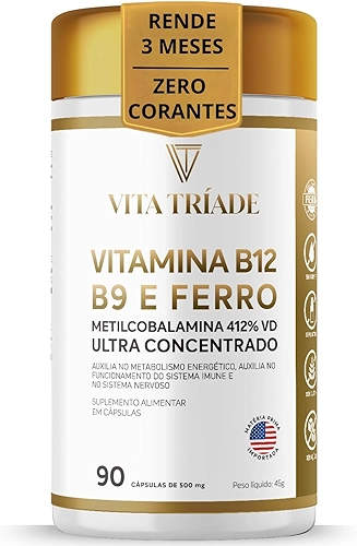 Vitamina b12 Metilcobalamina 412% 9,9mcg + Acido Fólico 150% + ferro 100% - 90 Cáps - Vita Tríade