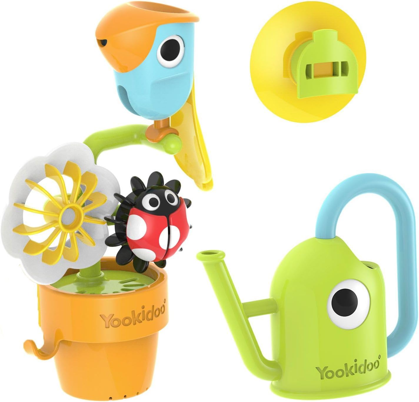 40222 – YOOKIDOO Rocking Bird – Baby Bath Toy Garden Theme – Bath and Shower Game – Watering Can, Bird, Flowers, Ladybug – Baby Gift from 18 Months, Small