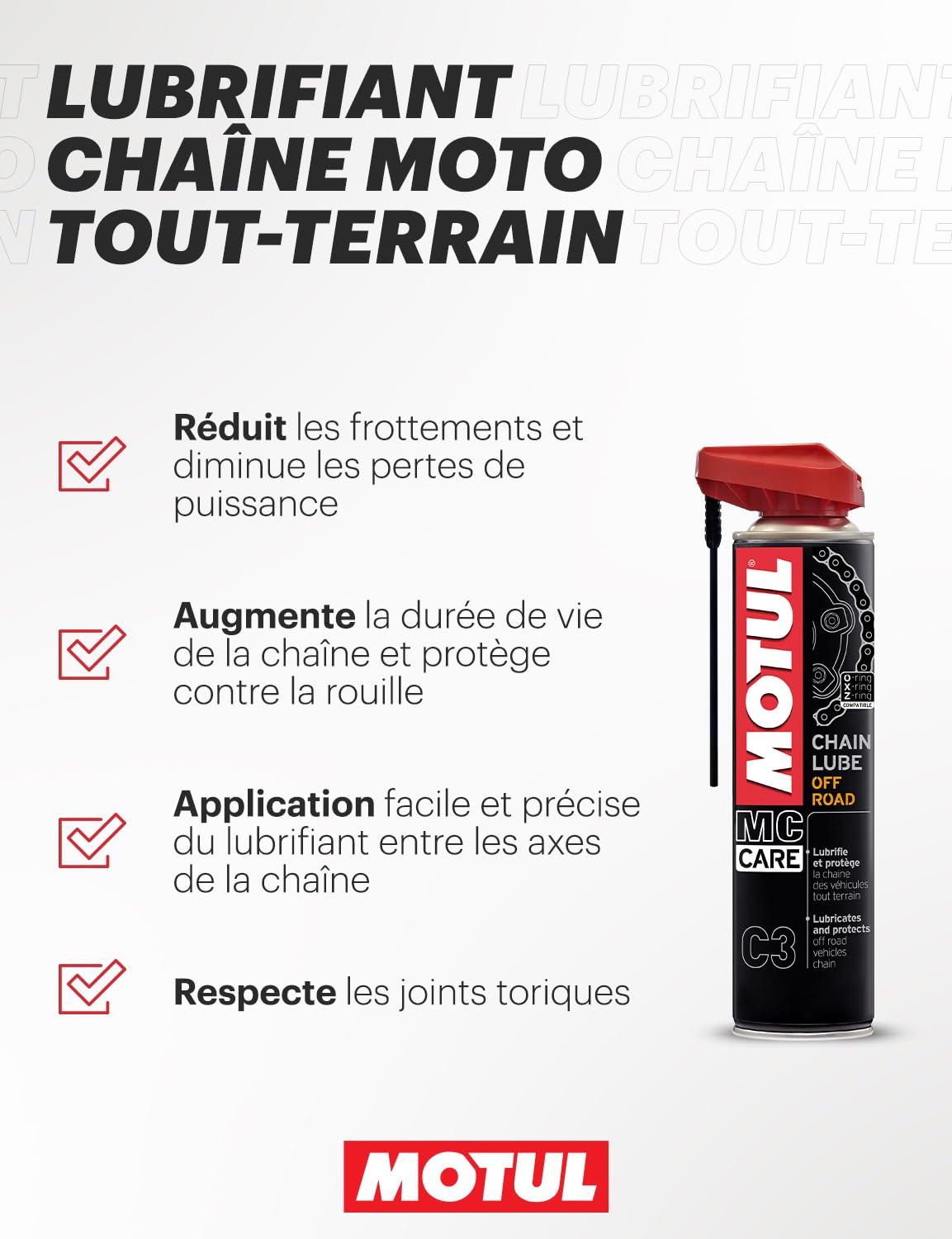Motul - Kit d'entretien Chaîne Moto Tout-Terrain - Compatible O-Ring, X-Ring, Z-Ring - Nettoyant MC Care Chain Clean C1 400ml + Lubrifiant MC Care Chain Lube Off Road C3 400ml + Brosse Non Abrasive